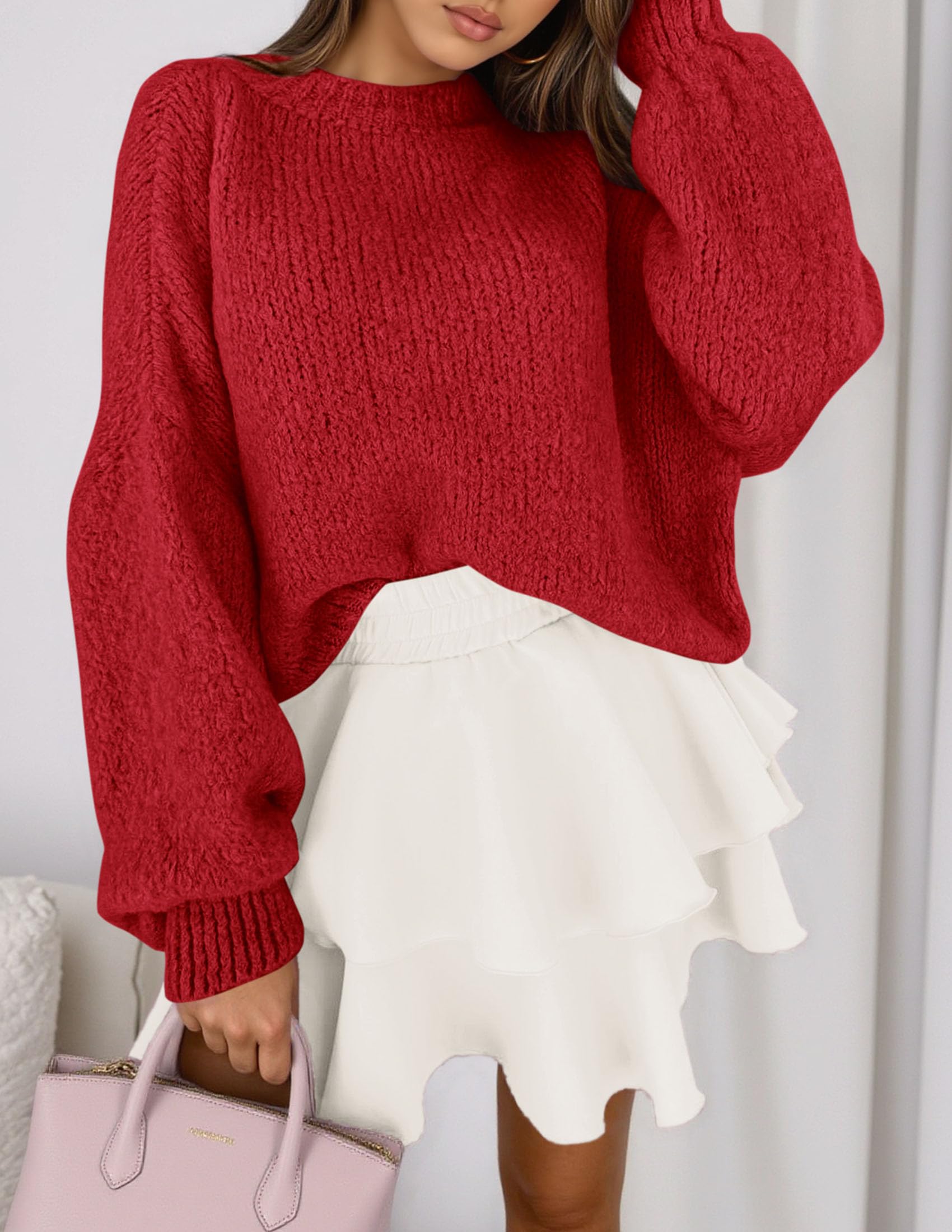 Women's Chunky Knit Oversized Pullover Sweaters,Red,S