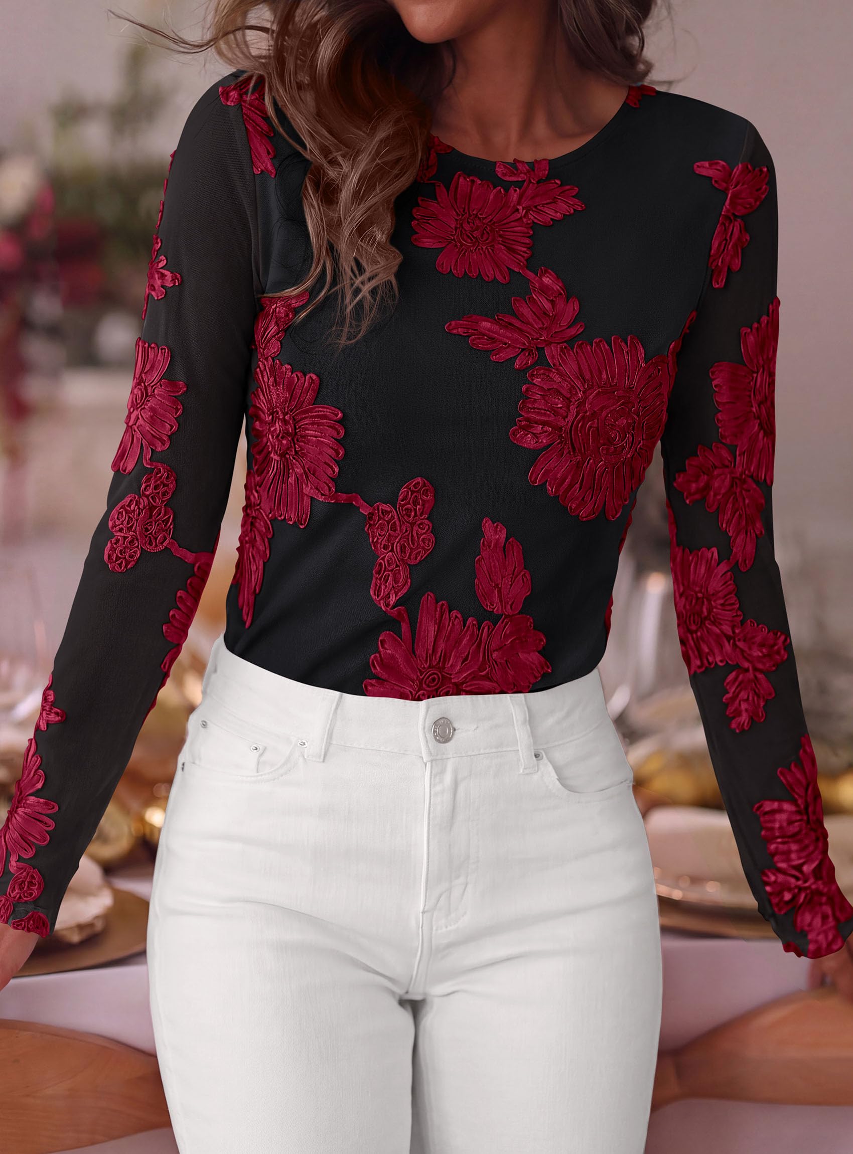 Women's Mesh Long Sleeve Embroidered Floral Tops Fall Blouses