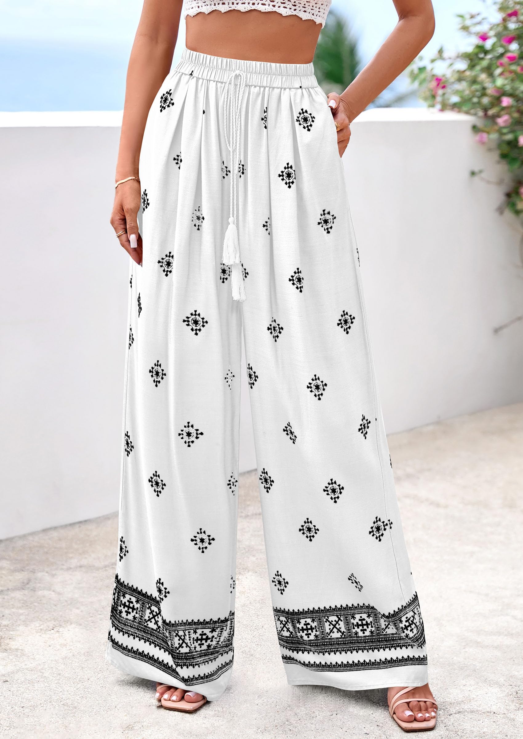 Wide Leg Flowy Boho Pants for Women, White Black,S