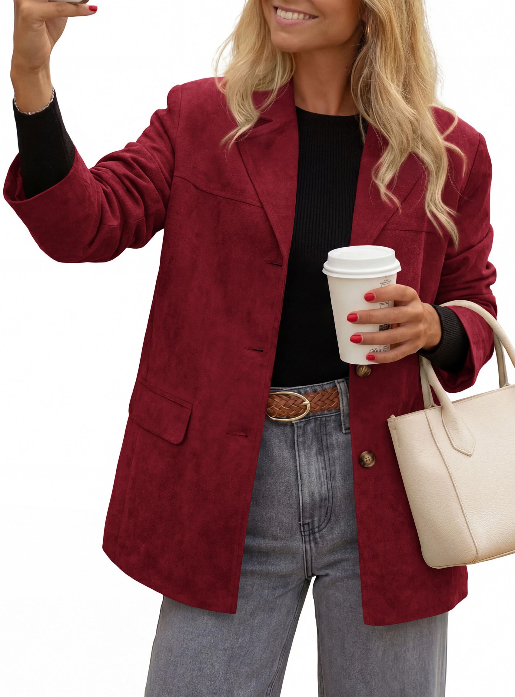 Blazers for Women Western Fall Faux Suede Jacket Burgundy