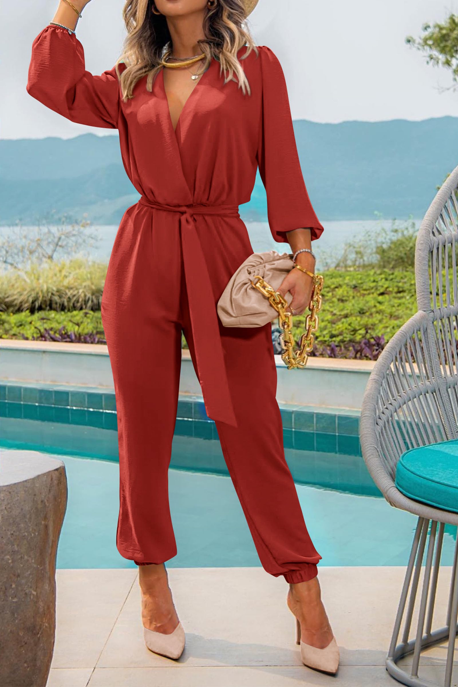Long Sleeve Jumpsuits for Women Dressy Casual, Rust Red,S