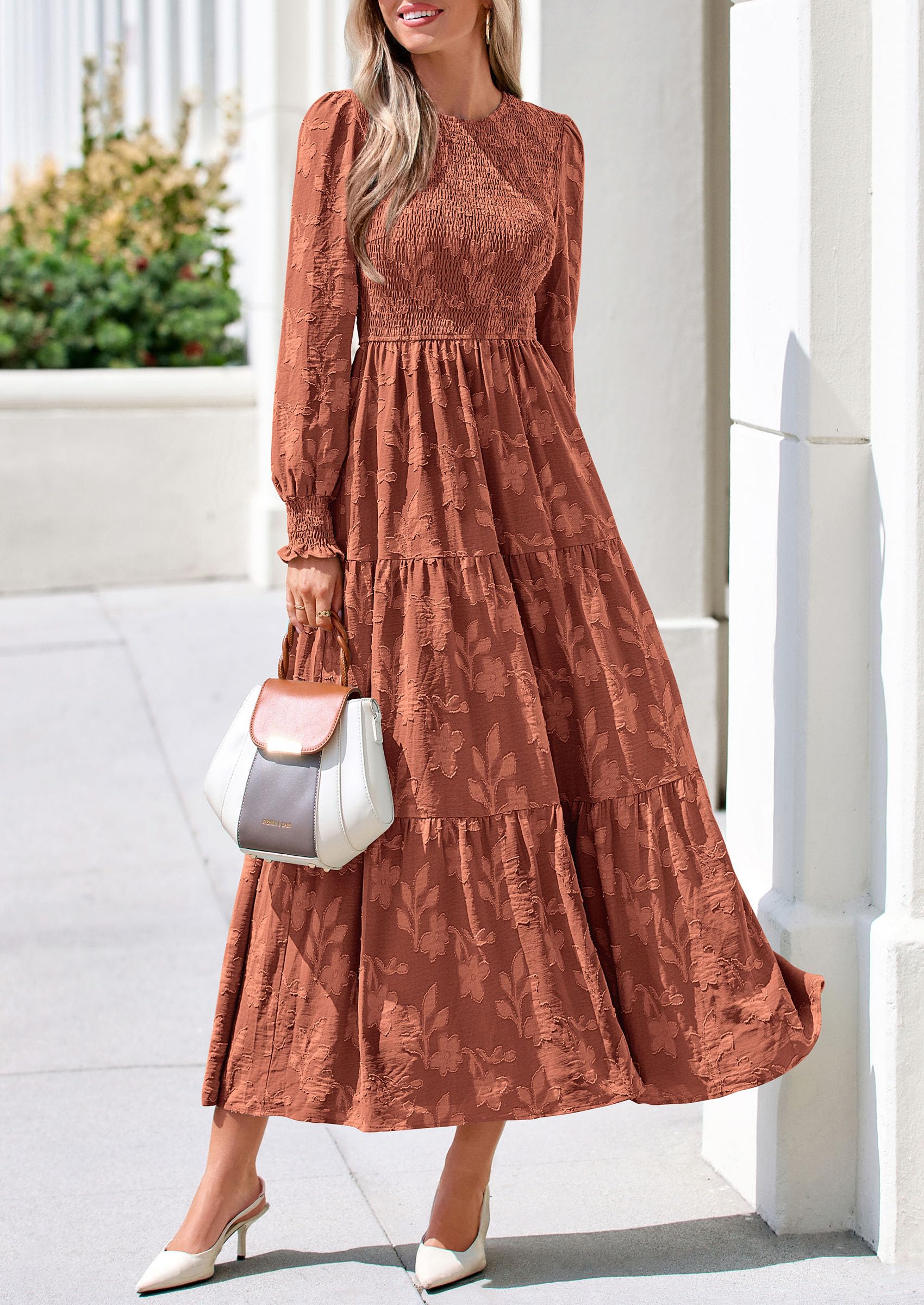Fall Floral Long Sleeve Wedding Guest Dress for Women Pockets