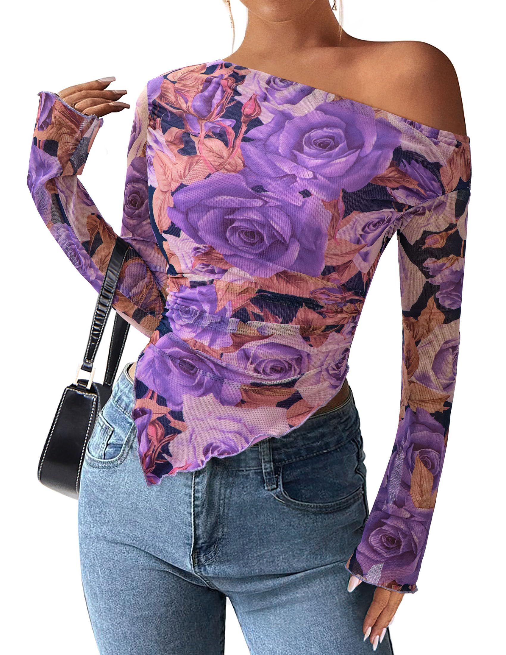 Womens Off Shoulder Mesh Y2k Tops,Floral Purple,XS