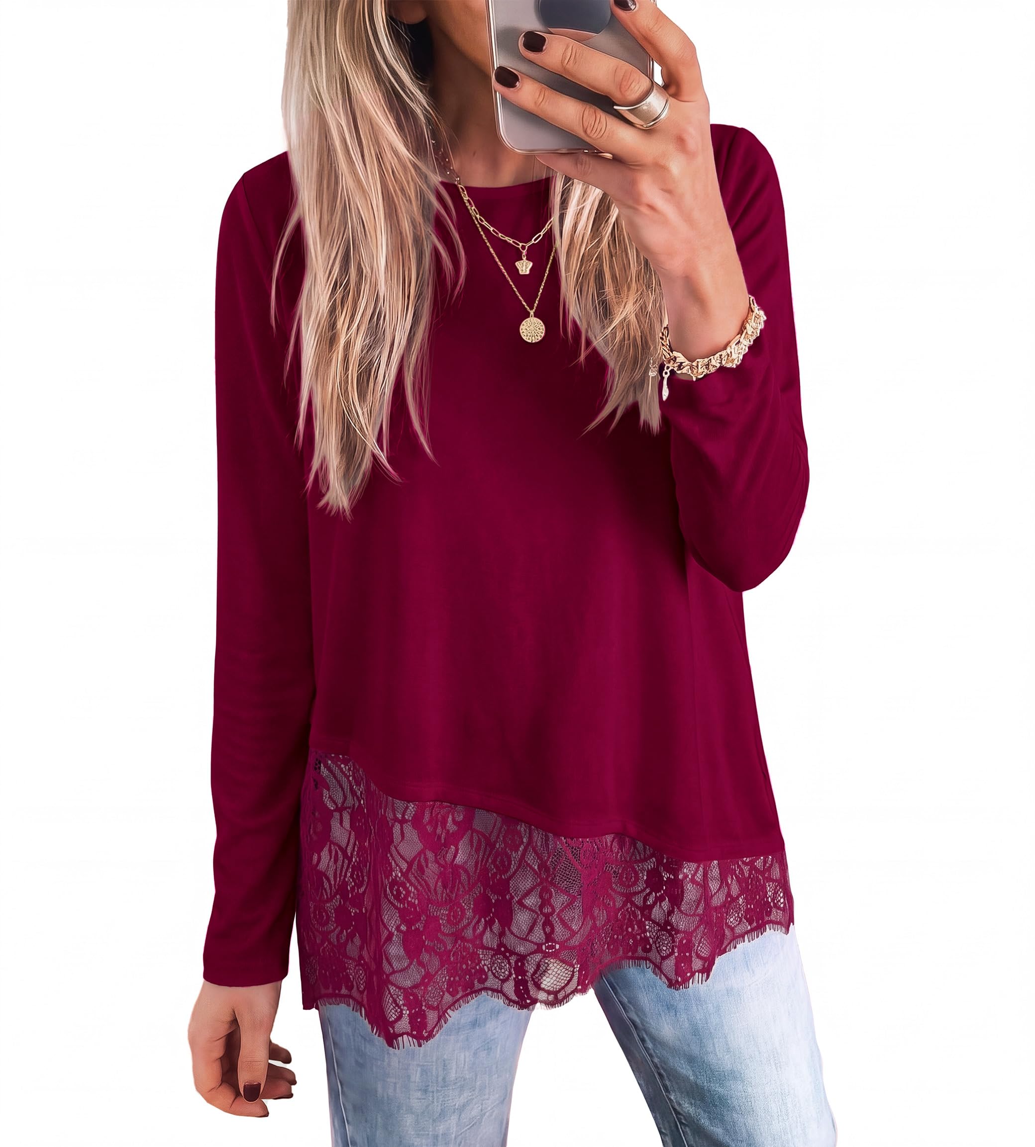 Women's Lace Patchwork Long Sleeve Shirts,Wine Red,S