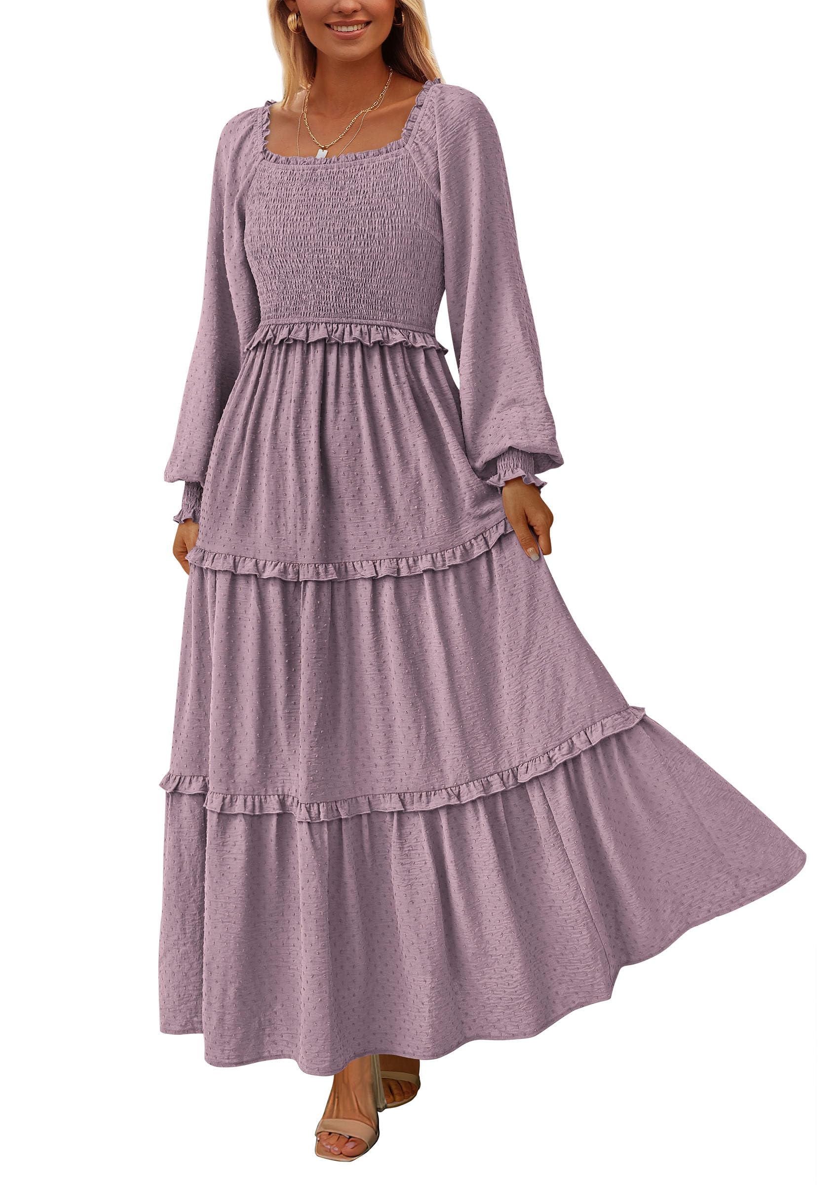Women's Smocked Long Sleeve Maxi Dress Wedding Guest Dresses