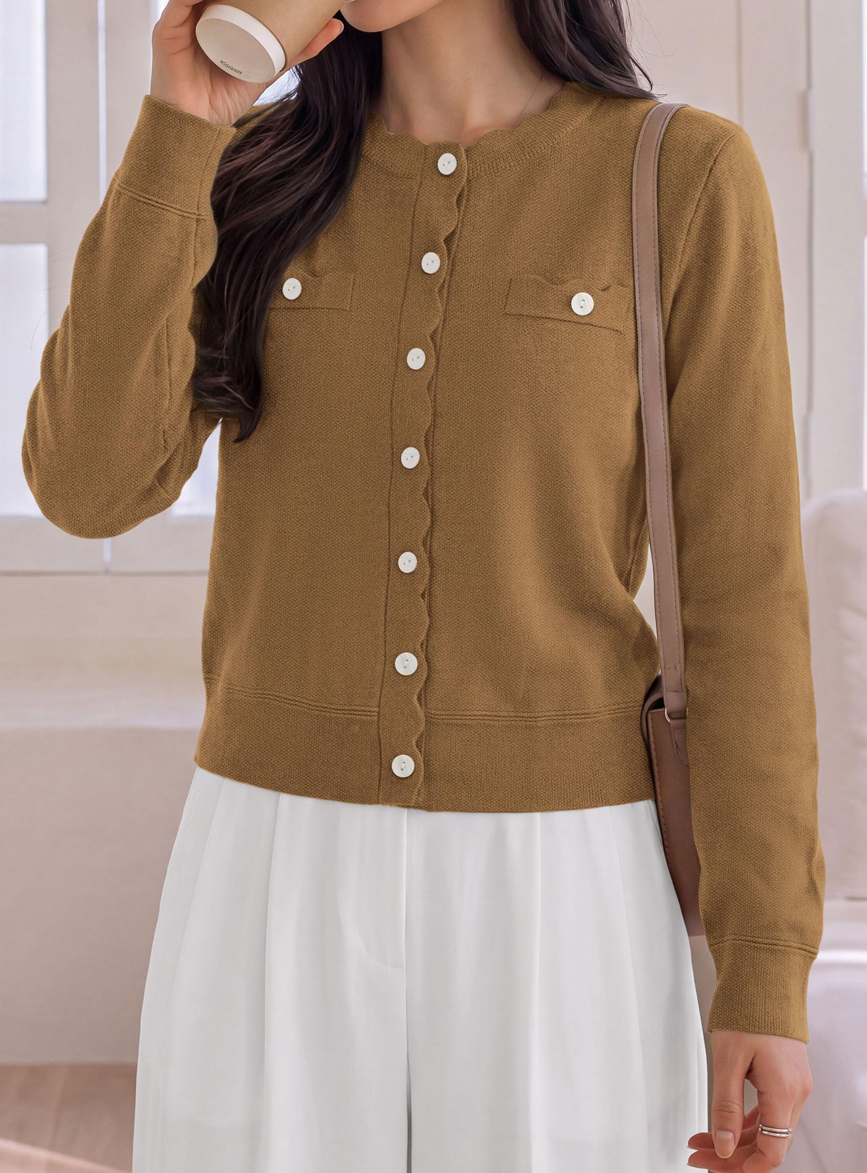 Womens Lightweight Cardigan Sweaters Scalloped Trim Fall Tops