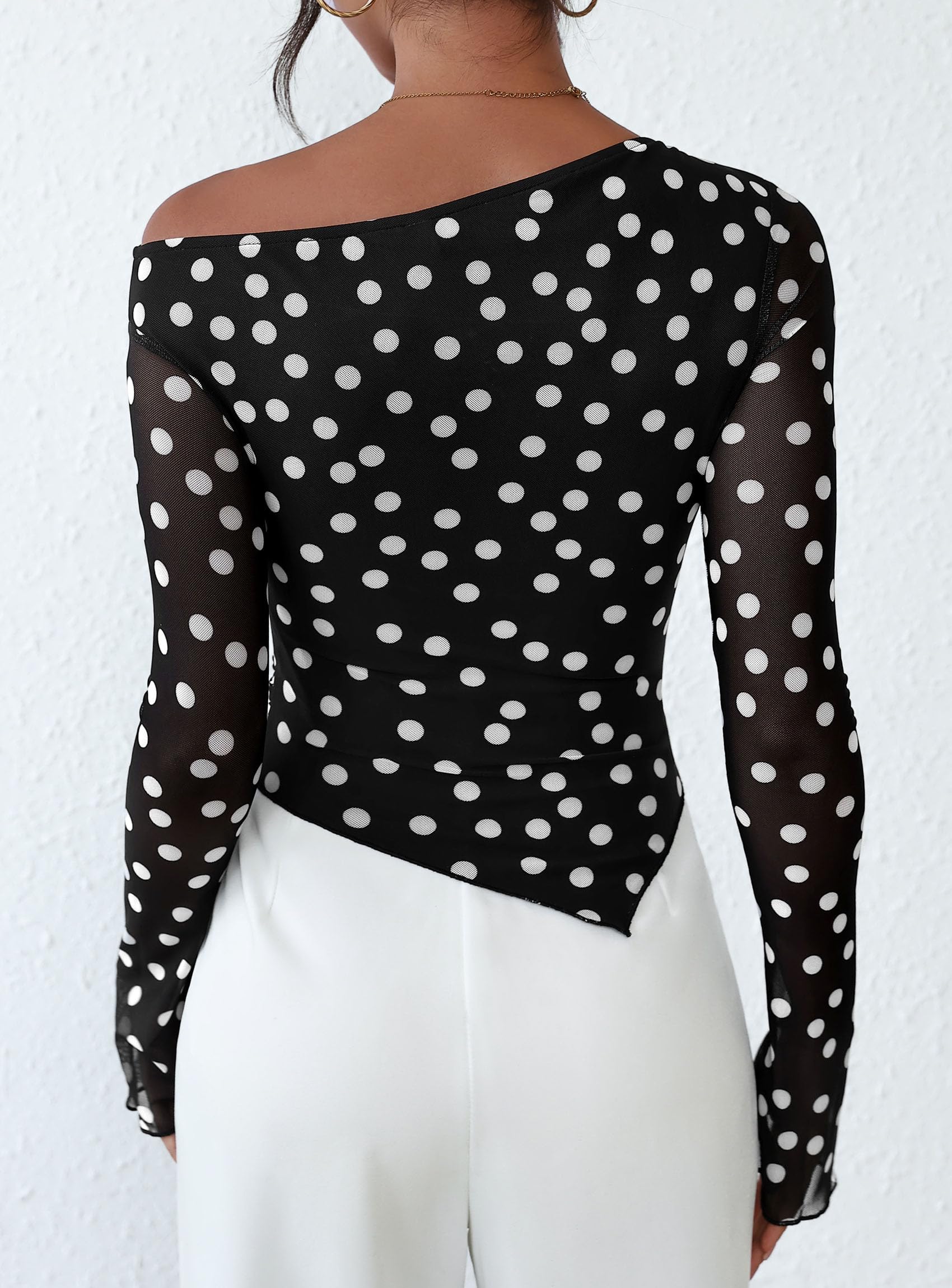 Womens Off Shoulder Mesh Y2k Tops,Small Dot Black,XS