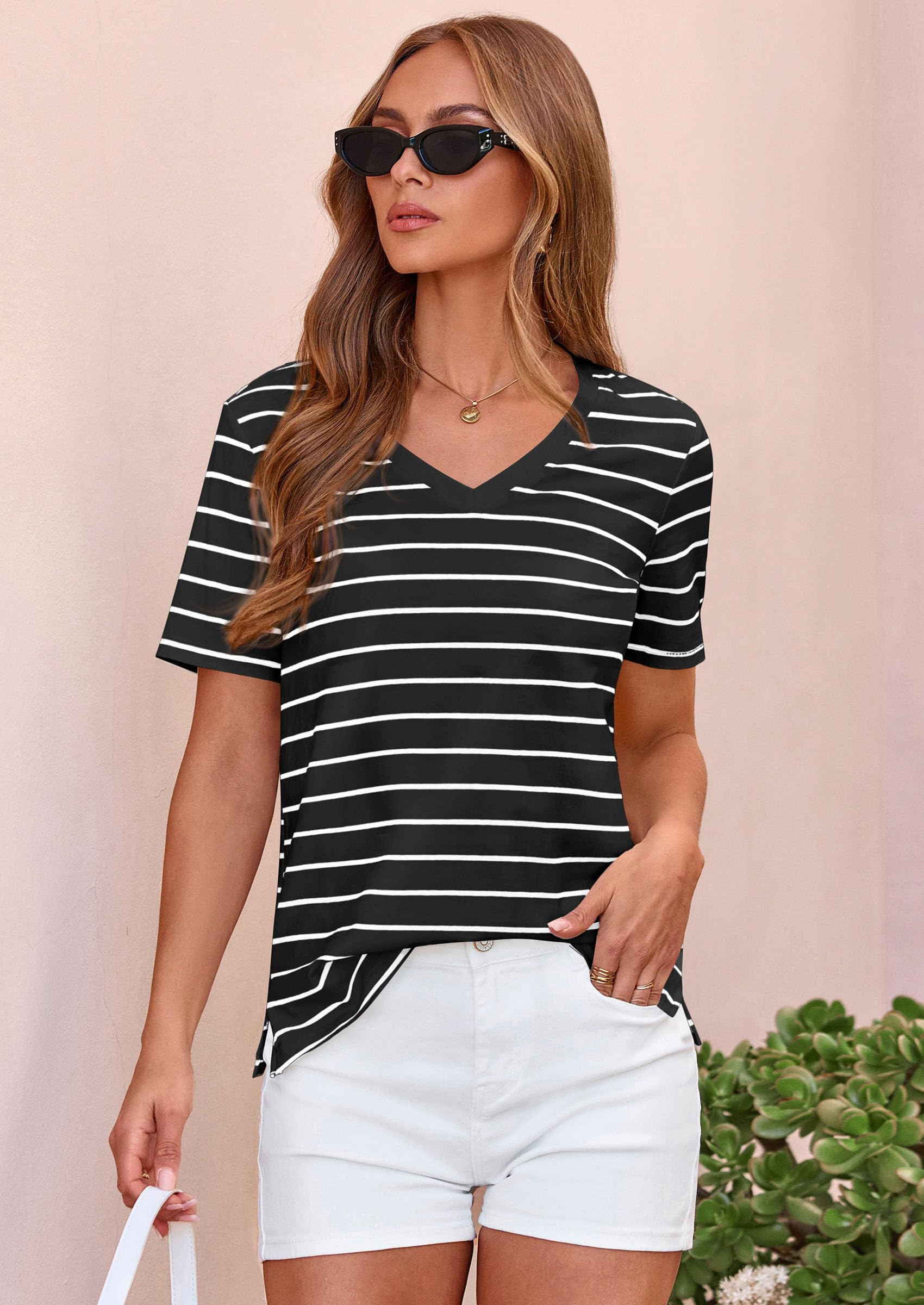 Striped Short Sleeve Womens Tops,Striped Black White,S