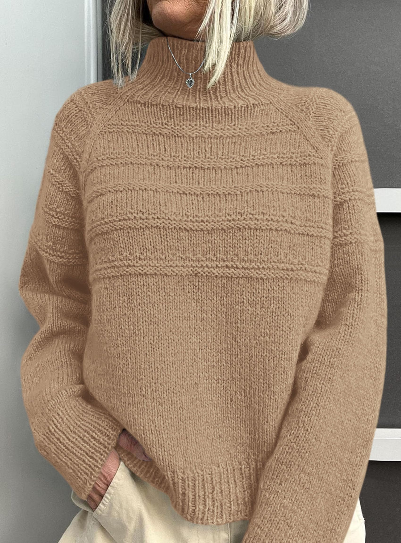 Women's Chunky Knit Mock Neck Pullover Sweaters,Khaki,S