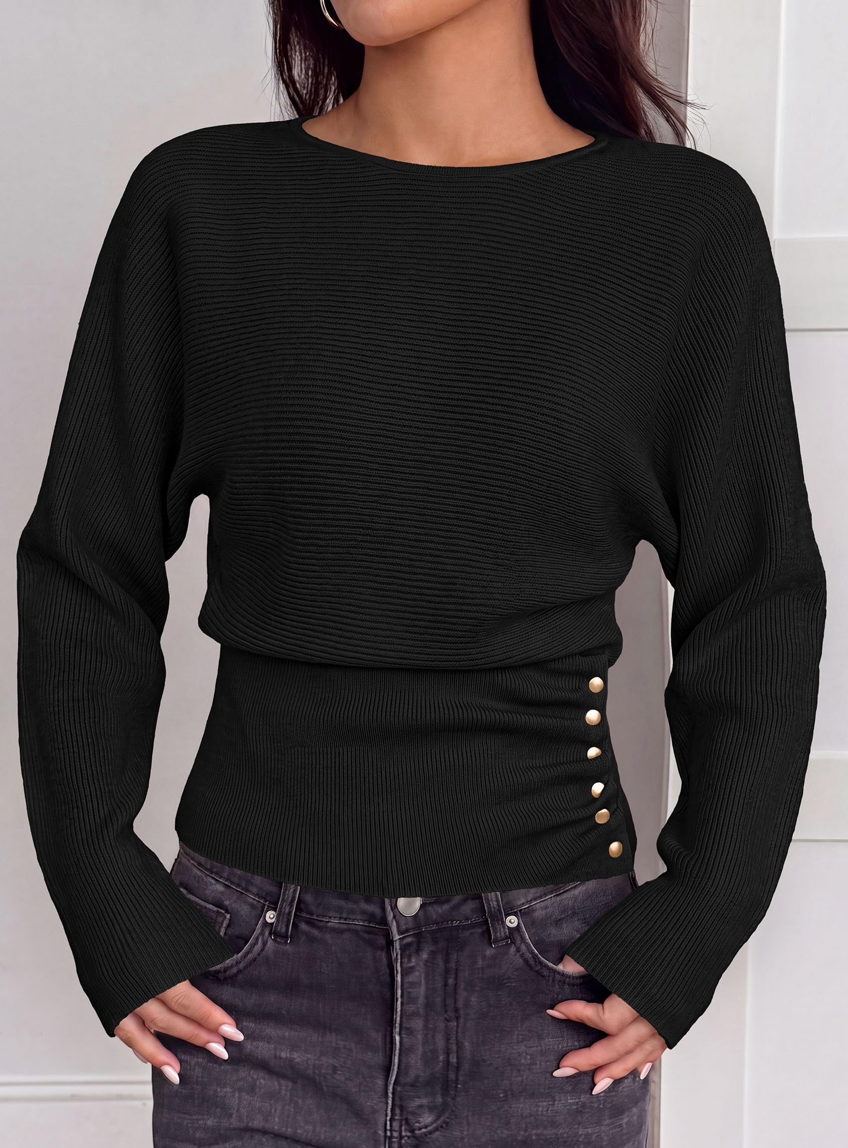 Batwing Sleeve Sweaters for Women Pullover Fall Clothes Black