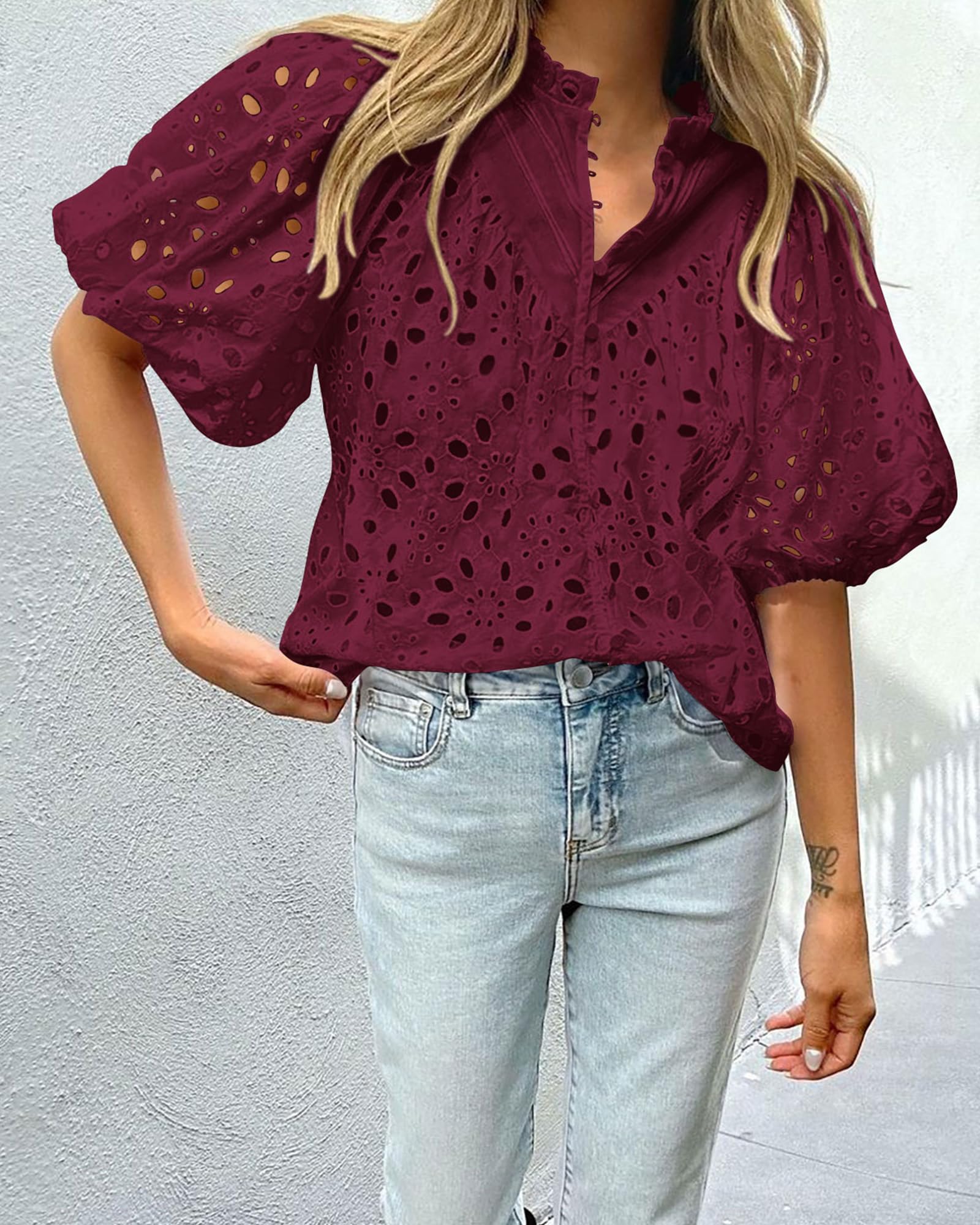 Womens Tops Boho Eyelet Puff Sleeve Blouse, Wine Red,S