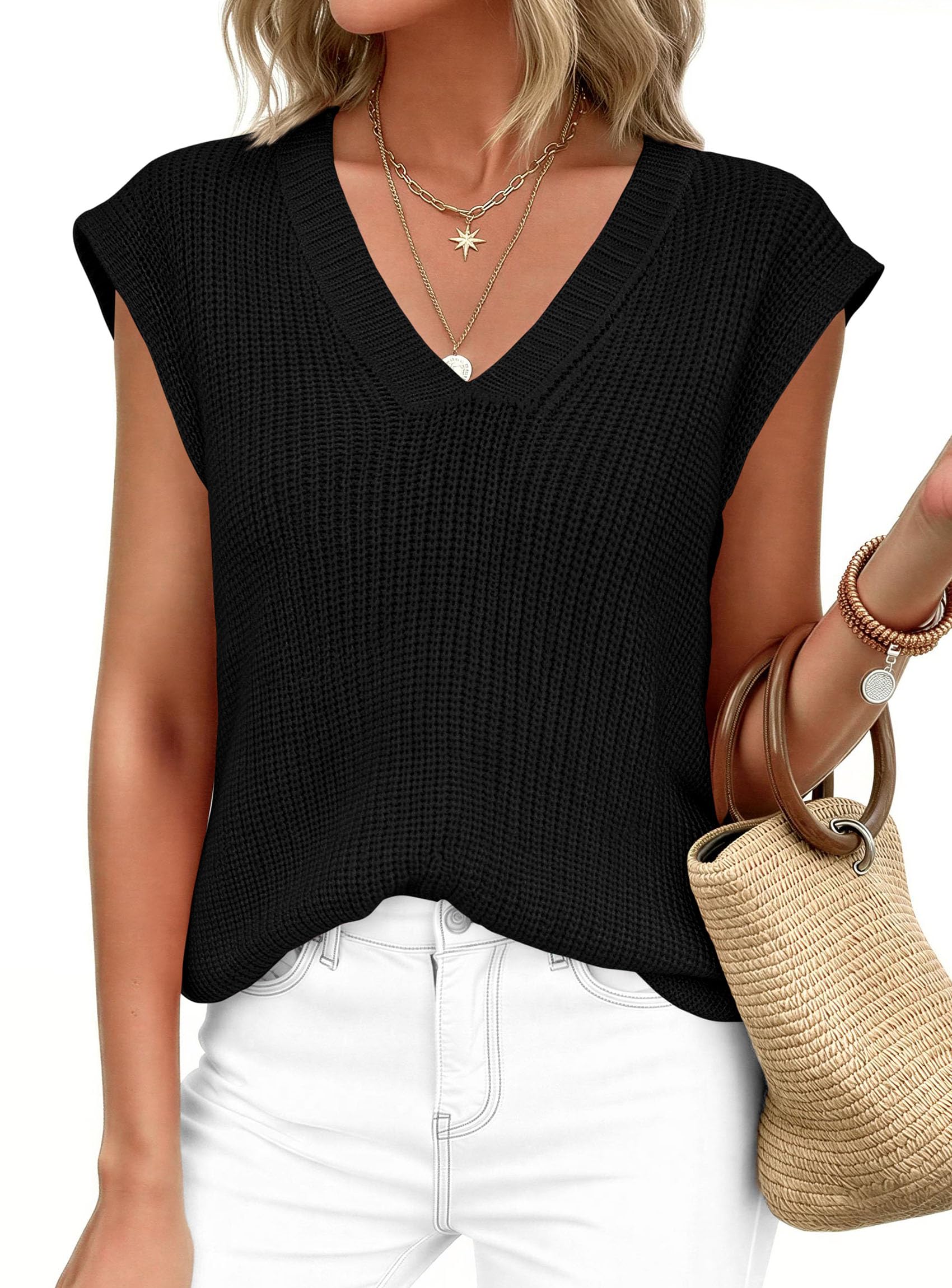 Women's Cap Sleeve Sweaters Vest Summer Tops (Black,S)