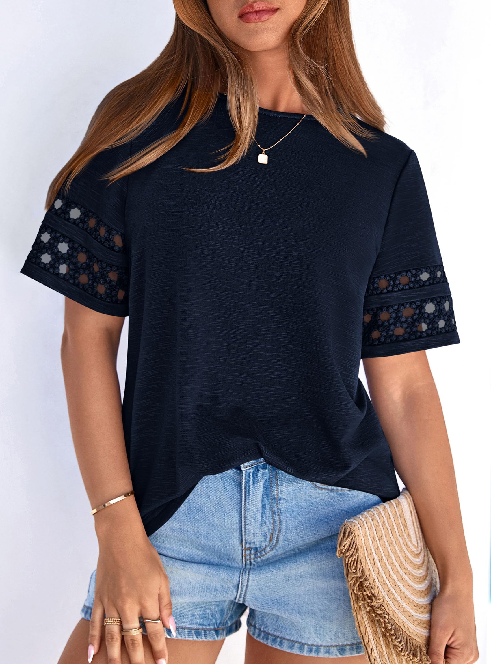 Women's Summer Short Sleeve Lace Trim T-Shirts,Navy Blue,S