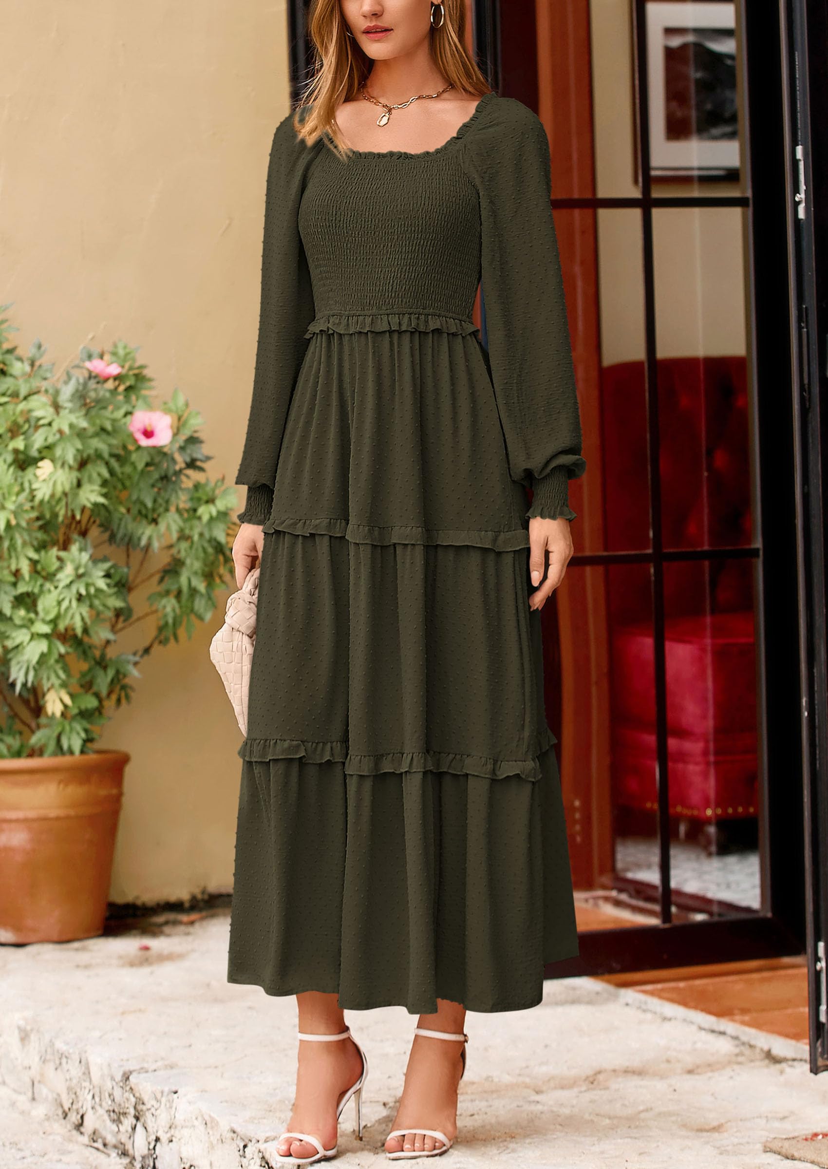 Women's Smocked Long Sleeve Maxi Dress Wedding Guest Dresses