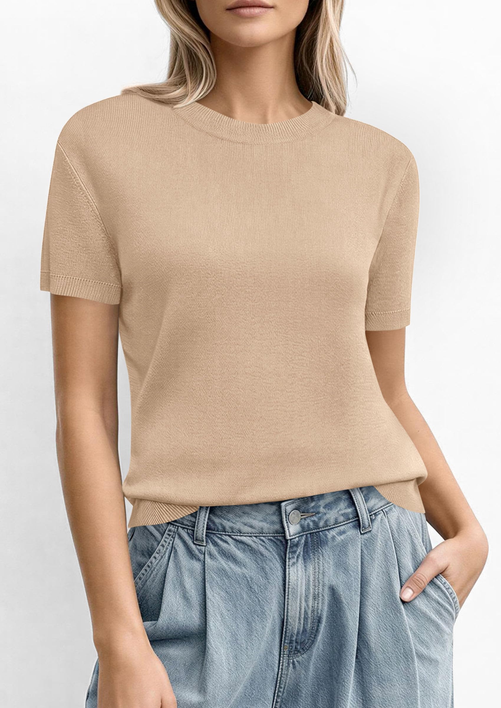 Women's Short Sleeve Sweaters Summer Tops,Beige,S