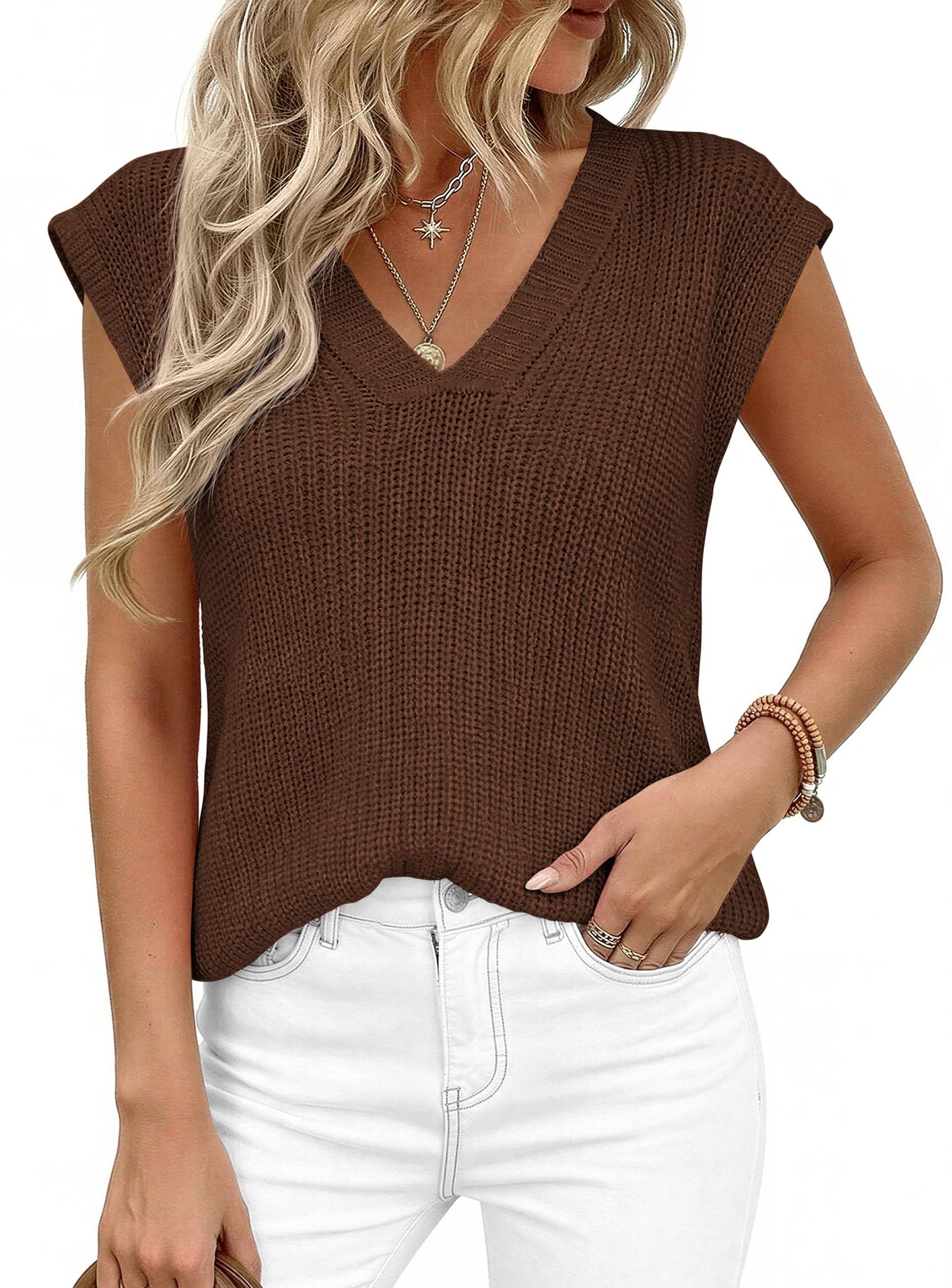 Women's Cap Sleeve Sweaters Vest Summer Tops (Coffee,S)