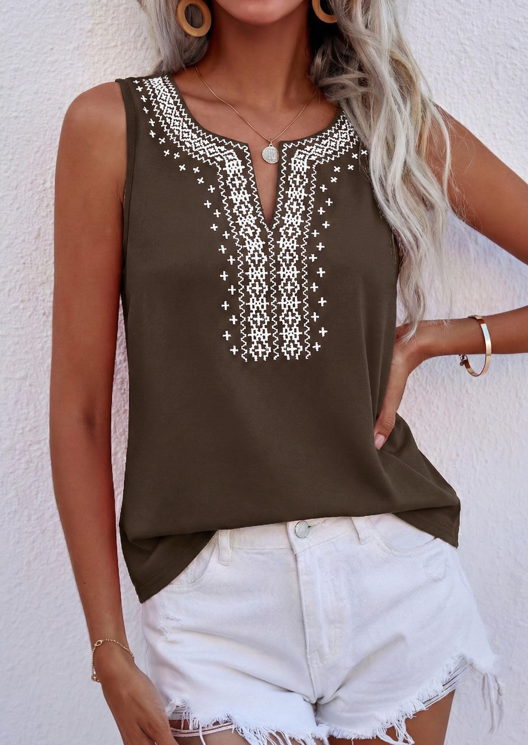 Womens Embroidered Sleeveless Tank Tops Brown,S