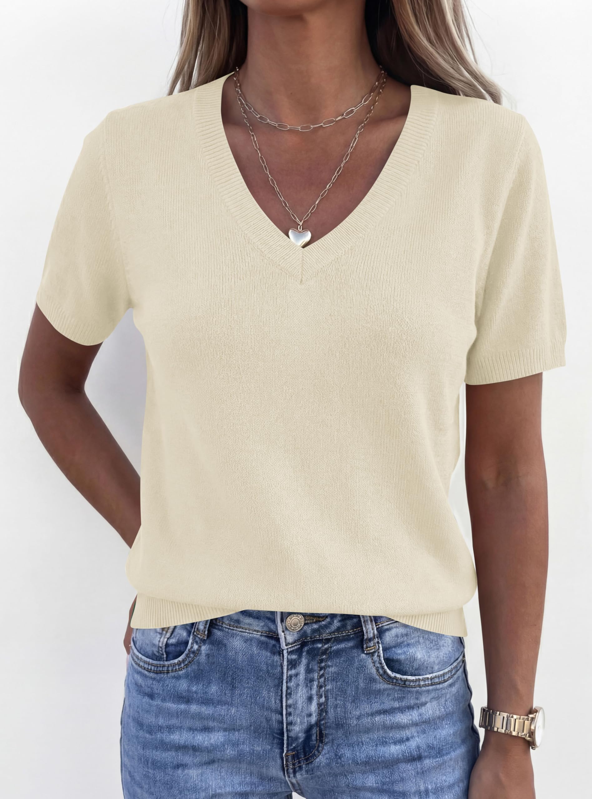 Womens Short Sleeve Sweater V Neck Tops,Beige,M