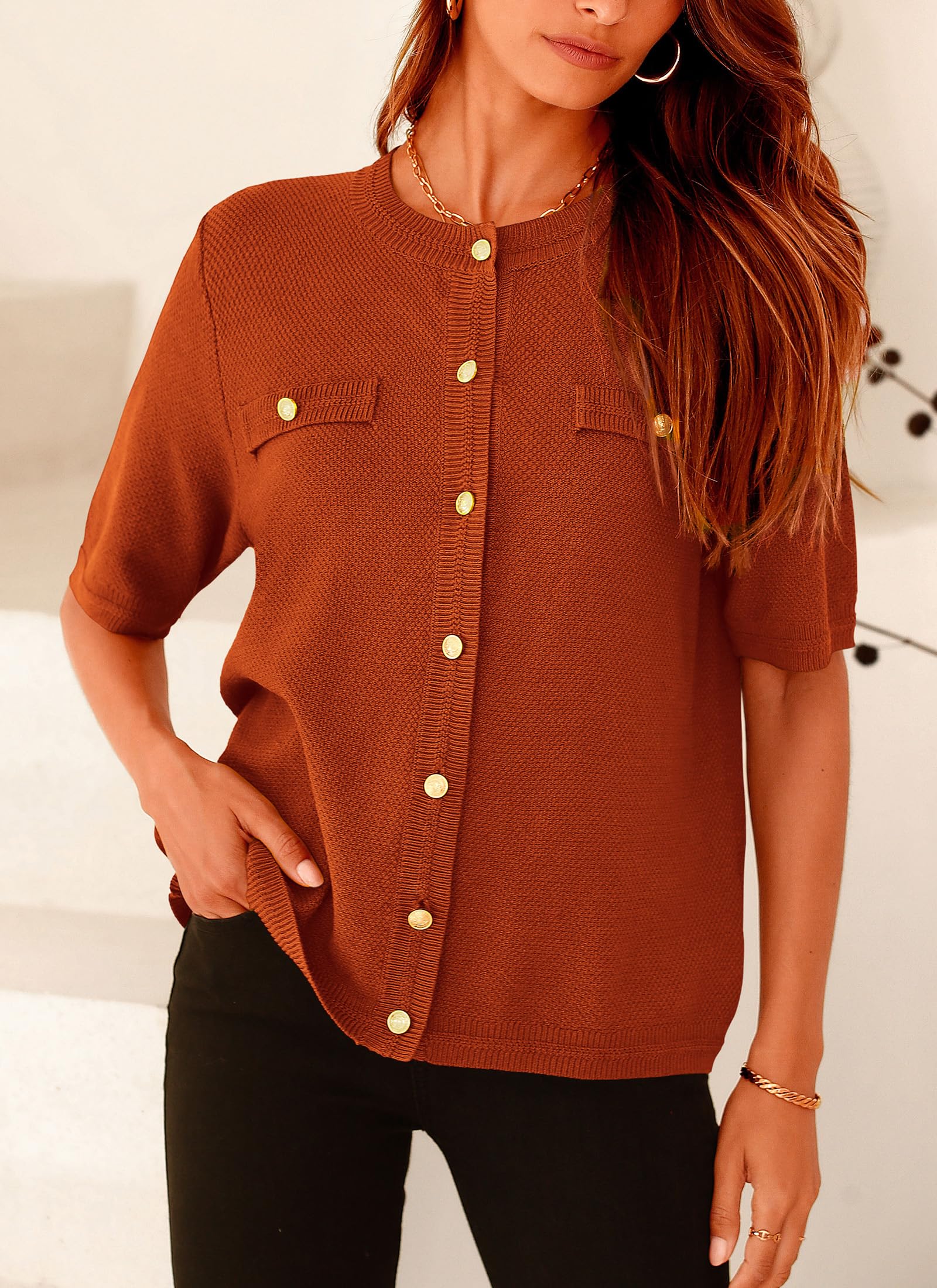 Women's Summer Casual Button Down Shirts Brick Red,Small