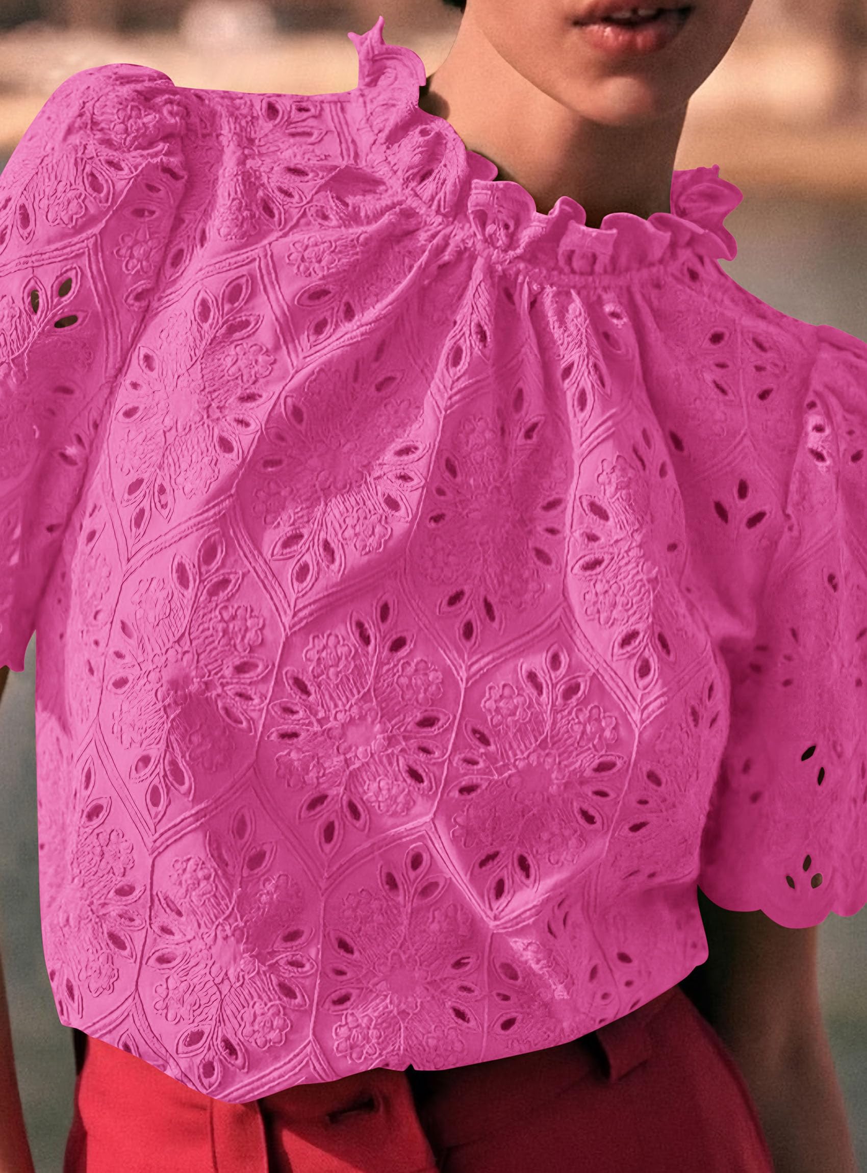 Women Summer Tops Eyelet Embroidered Shirts,Rose Red,XS