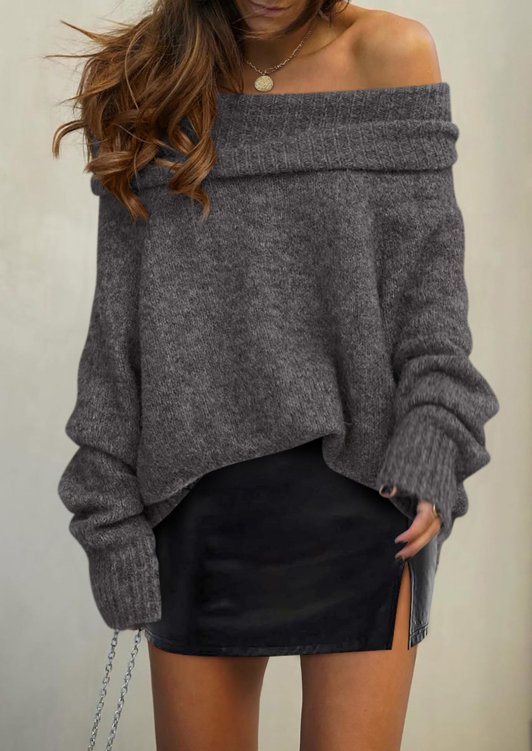 Women's Fall Off The Shoulder Sweater,Dark Grey,S