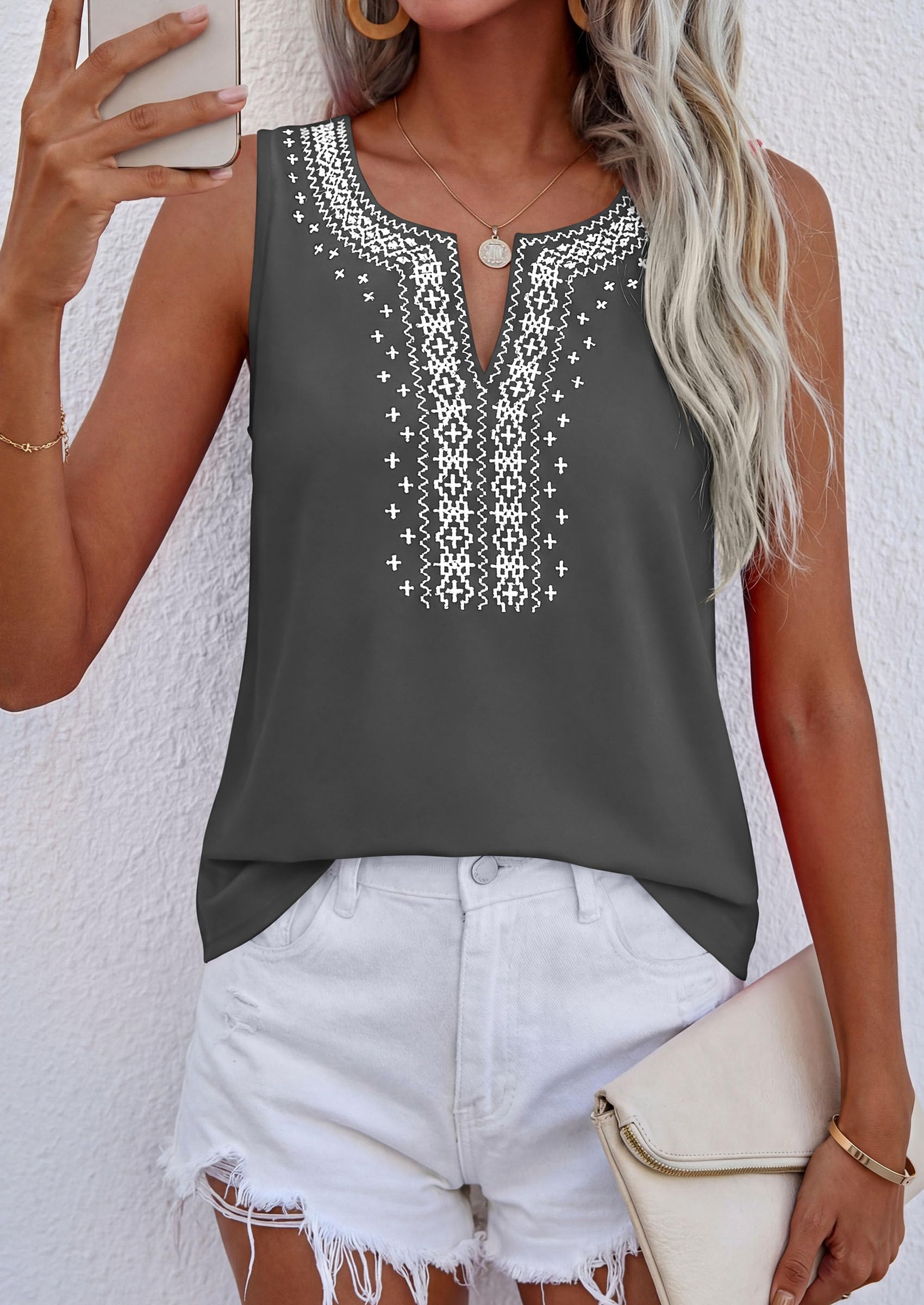 Womens Embroidered Sleeveless Tank Tops Grey,S