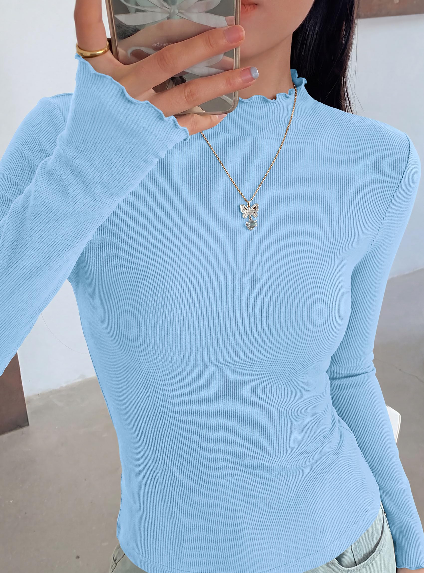 Women's Long Sleeve T Shirts Lettuce Trim Mock Neck Tops