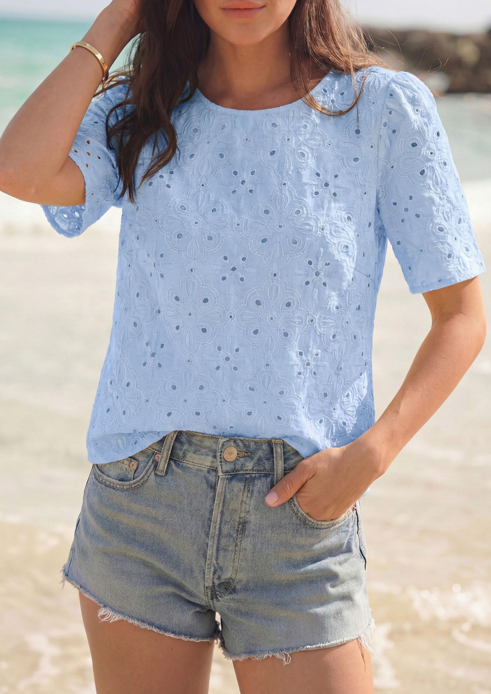 Women's Embroidered Eyelet Short Sleeve Blouse, Light Blue,L