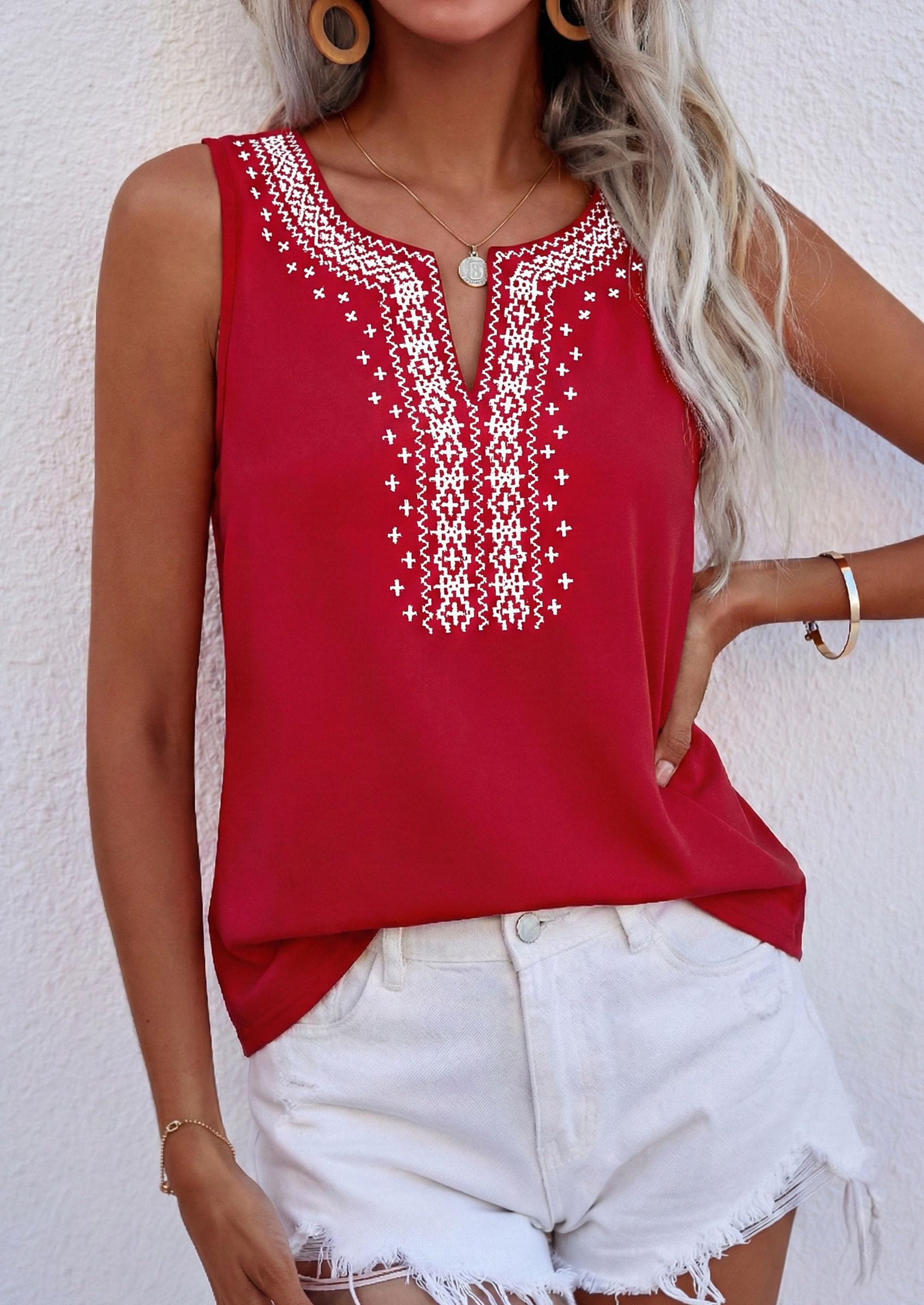 Womens Embroidered Sleeveless Tank Tops Red,S