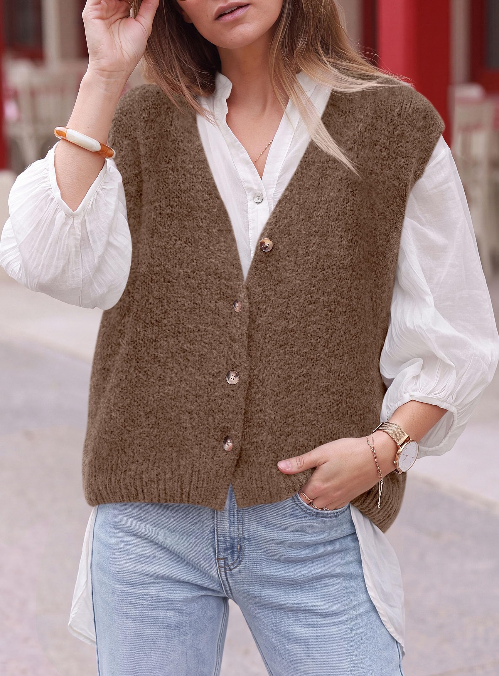 Womens Fall Sleeveless Button Down Sweater Vest,Khaki,S