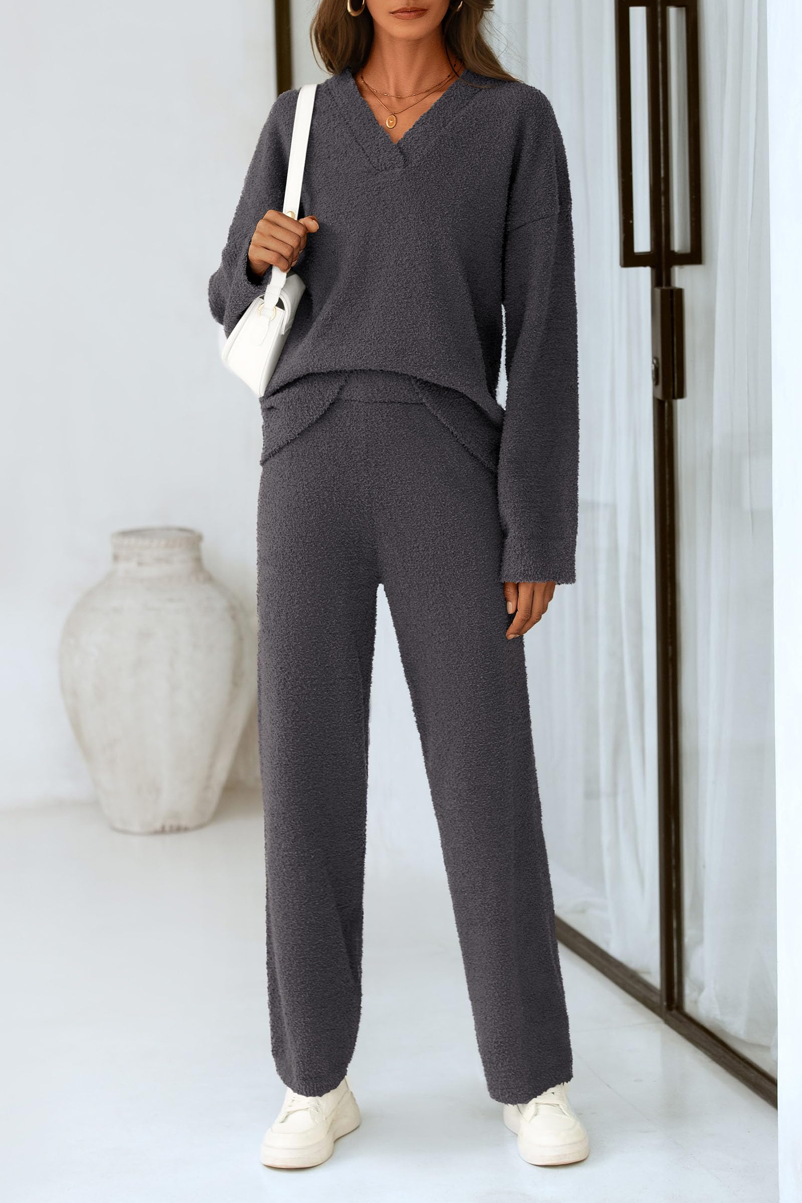 Lounge Sets for Women Fall 2 Piece Fuzzy Sweater Pajama Set