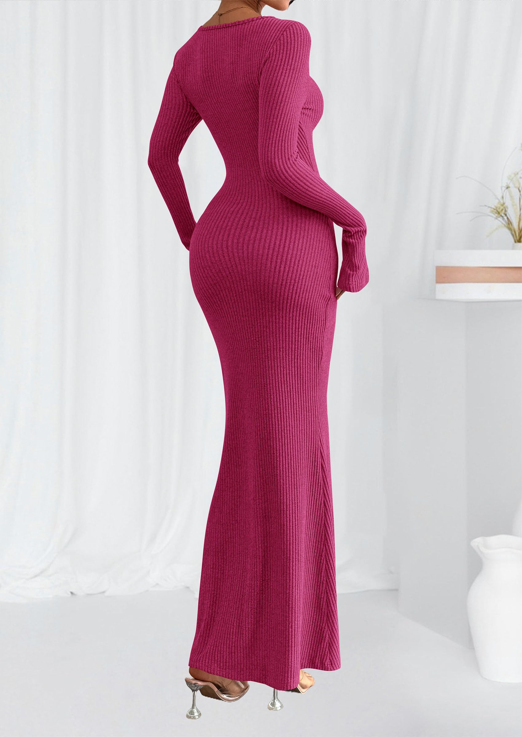 Women's Fall Long Sleeve Bodycon Maxi Dresses (Rose Red,XS)
