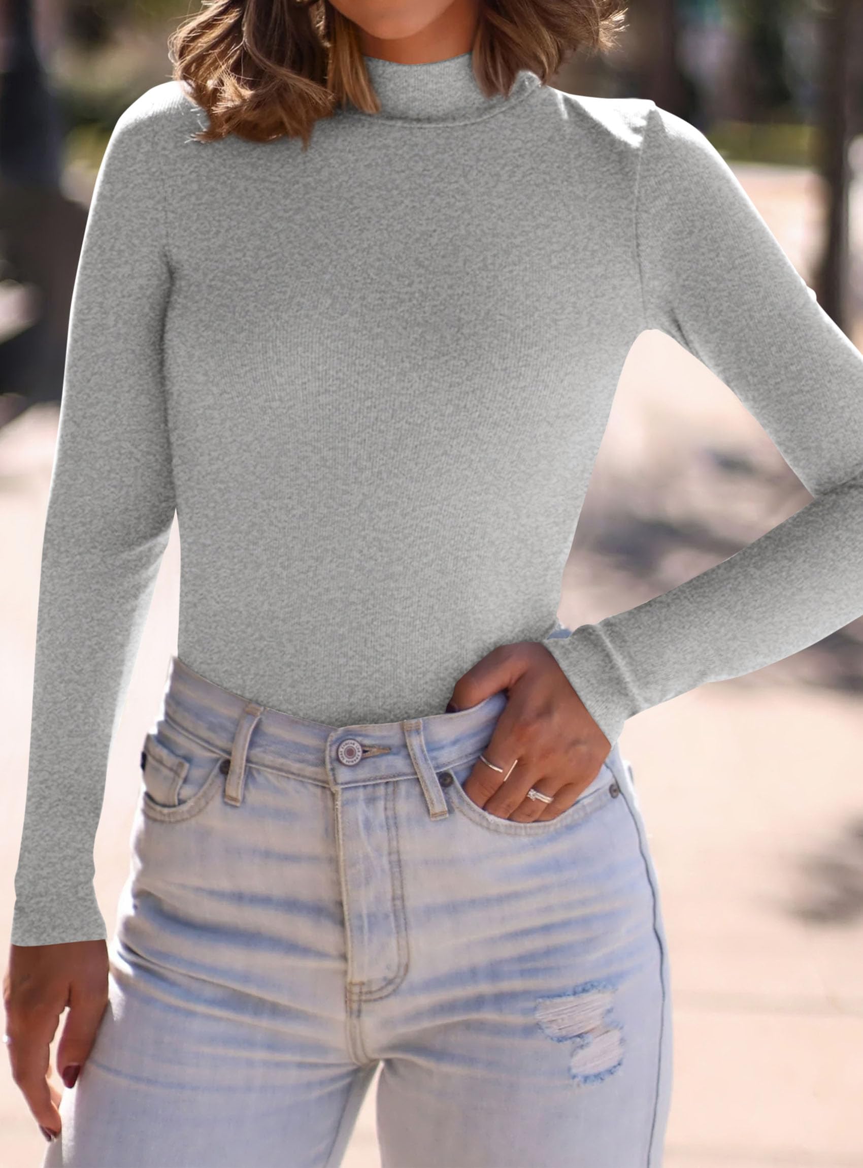 Womens Mock Turtleneck Fall Long Sleeve Shirts,Grey,XS