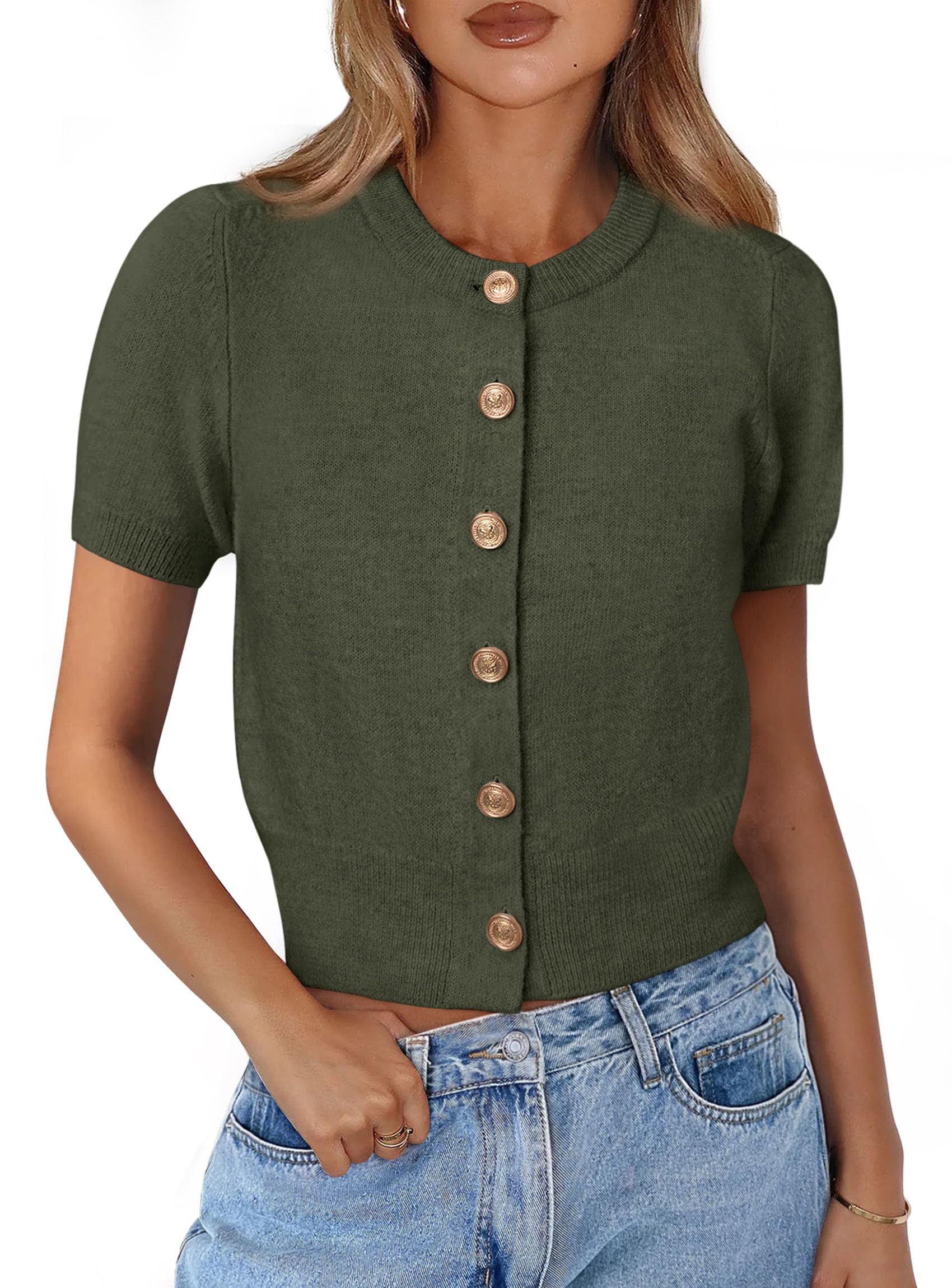 Womens Summer Cardigan Short Sleeve Sweater,Army Green,S