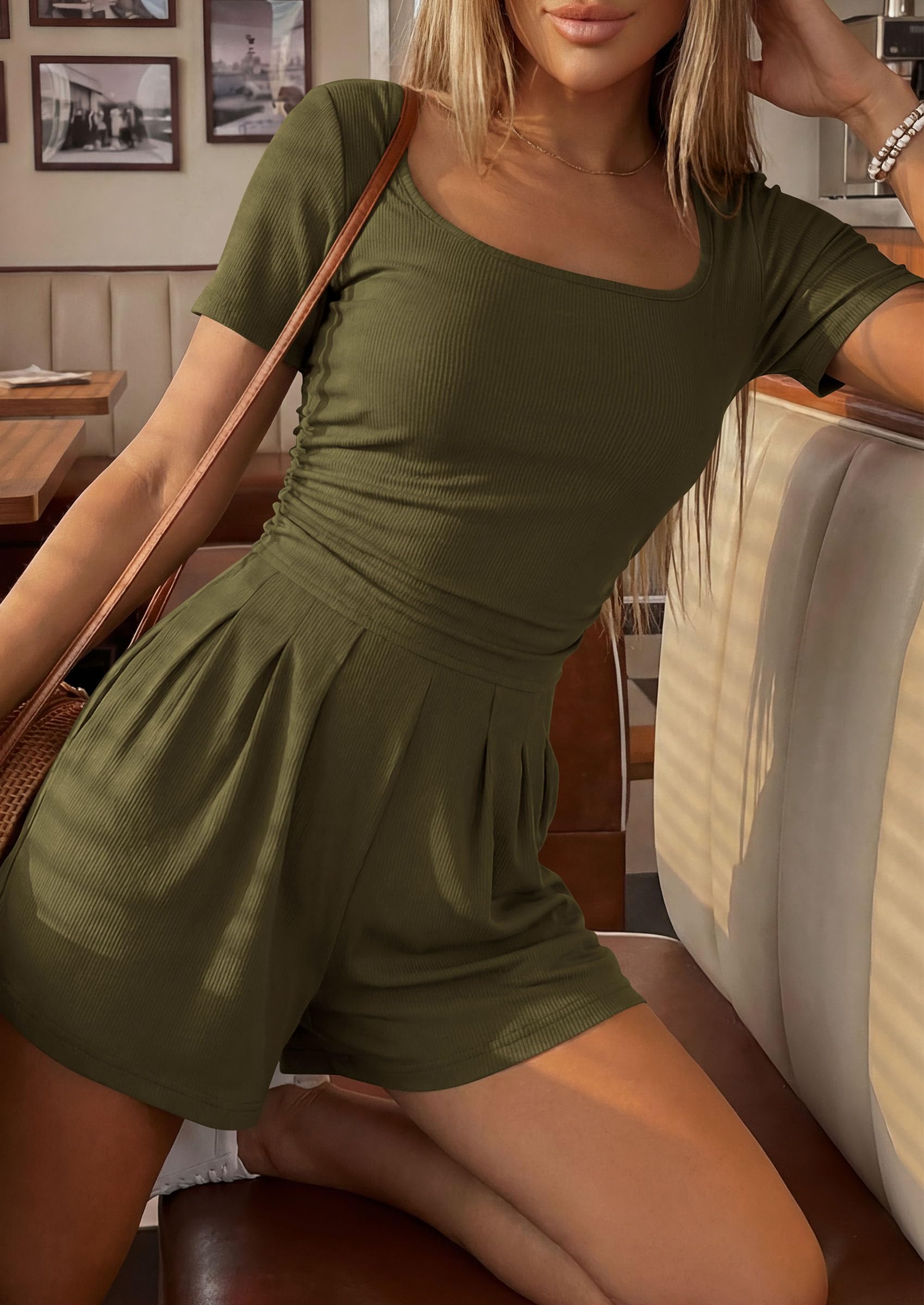Womens One Piece Short Sleeve Rompers,Army Green,S