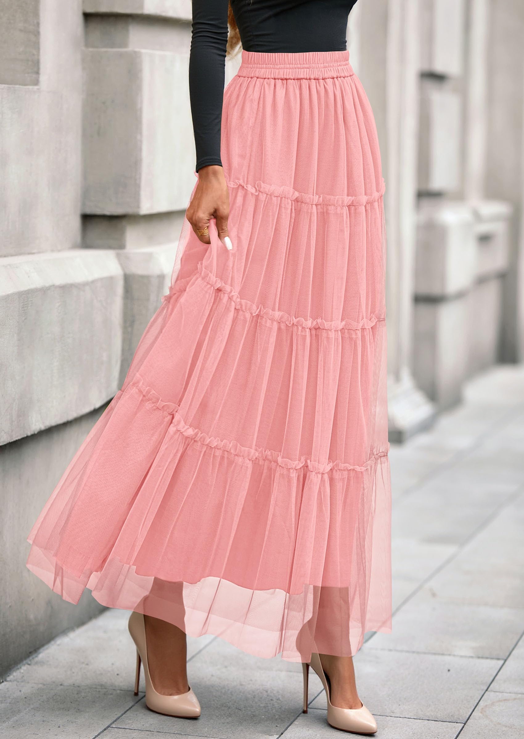 Women's Fall Soft Tulle Tiered Long Skirt,Light Pink,S