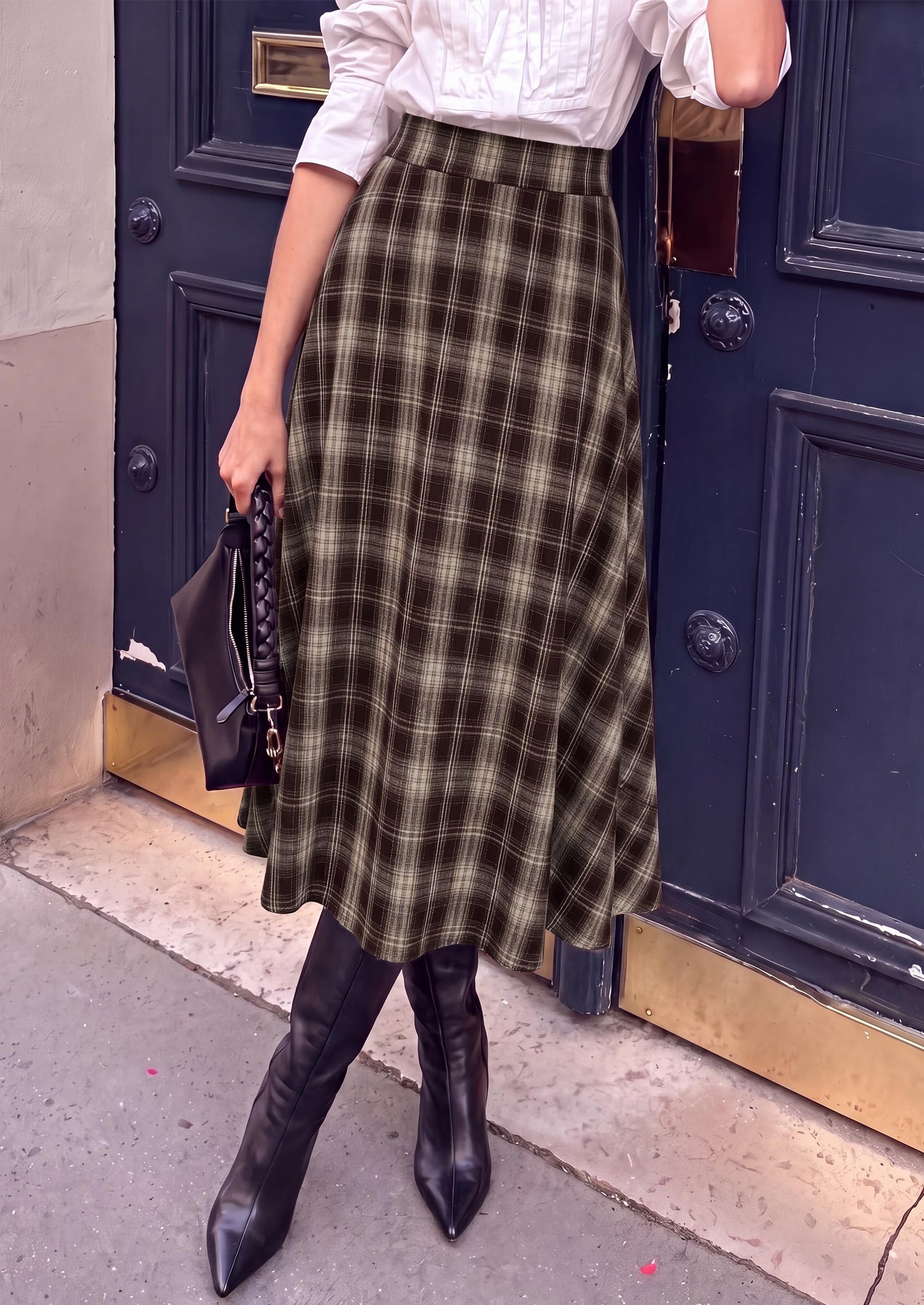 Women's Plaid High Waisted A-Line Midi Skirts,Dark Coffee,M