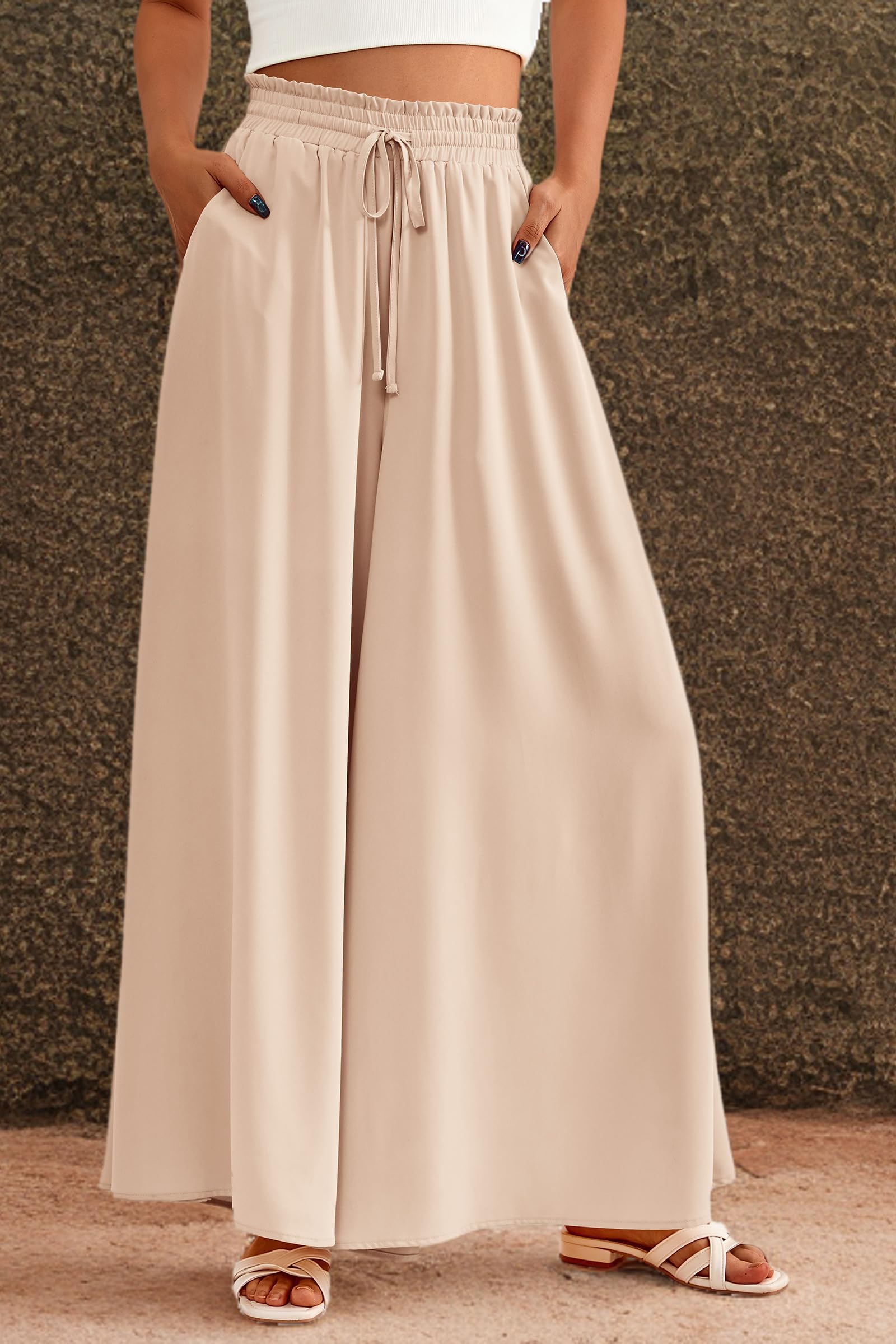 Summer Wide Leg Palazzo Pants for Women Casual,Beige,S
