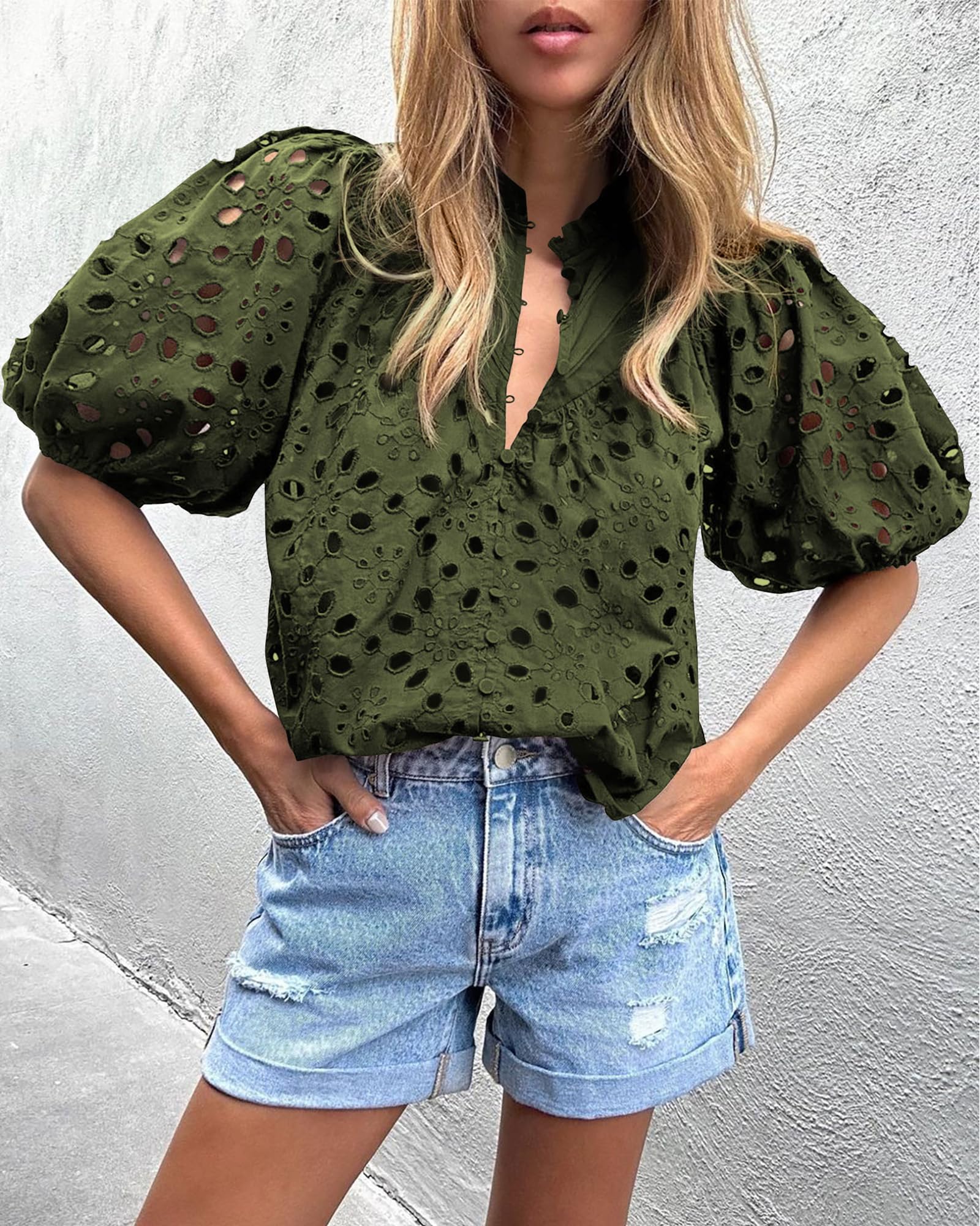 Womens Tops Boho Eyelet Puff Sleeve Blouse, Army Green,S