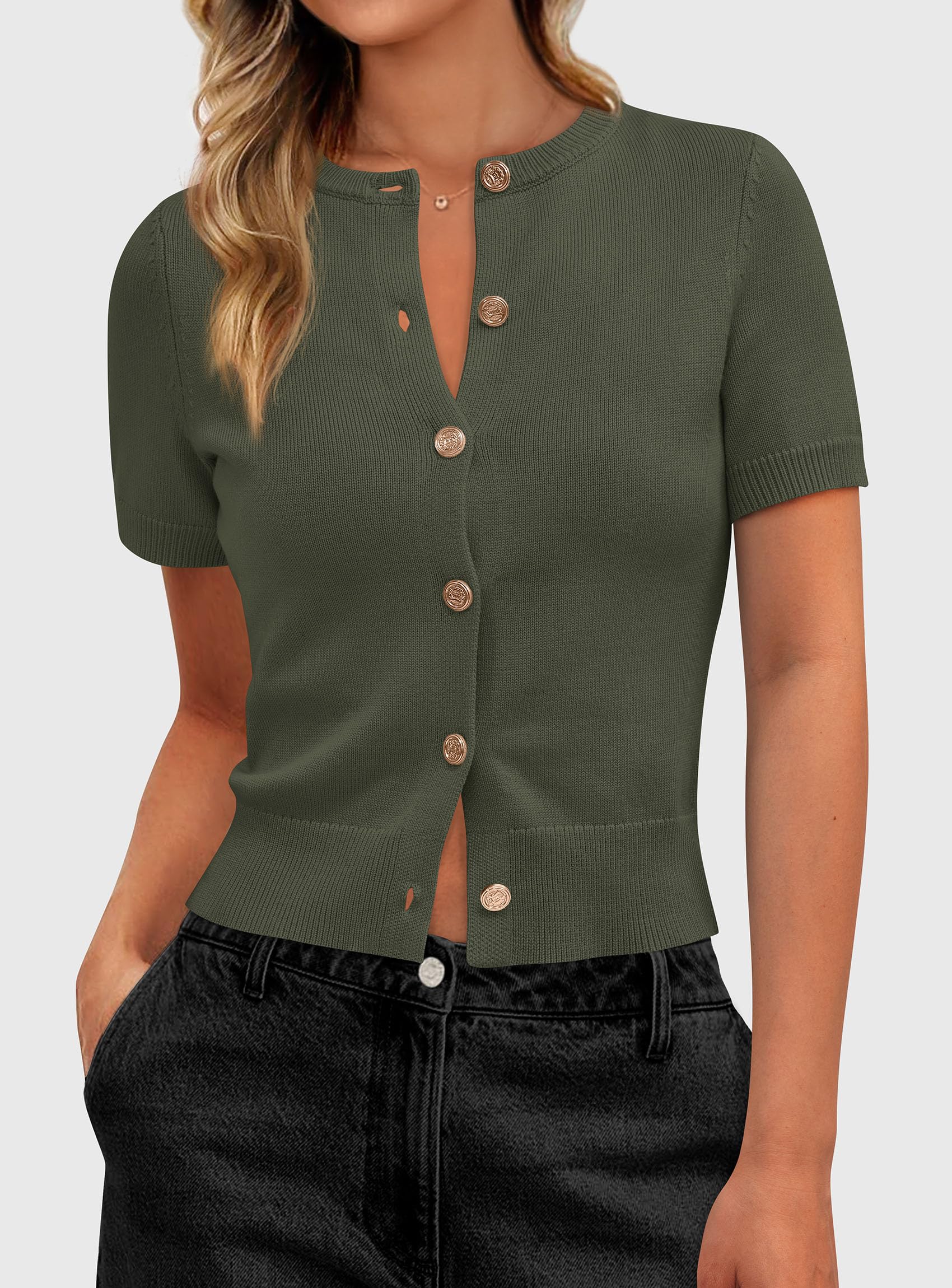 Womens Summer Cardigan Short Sleeve Sweater,Army Green,S