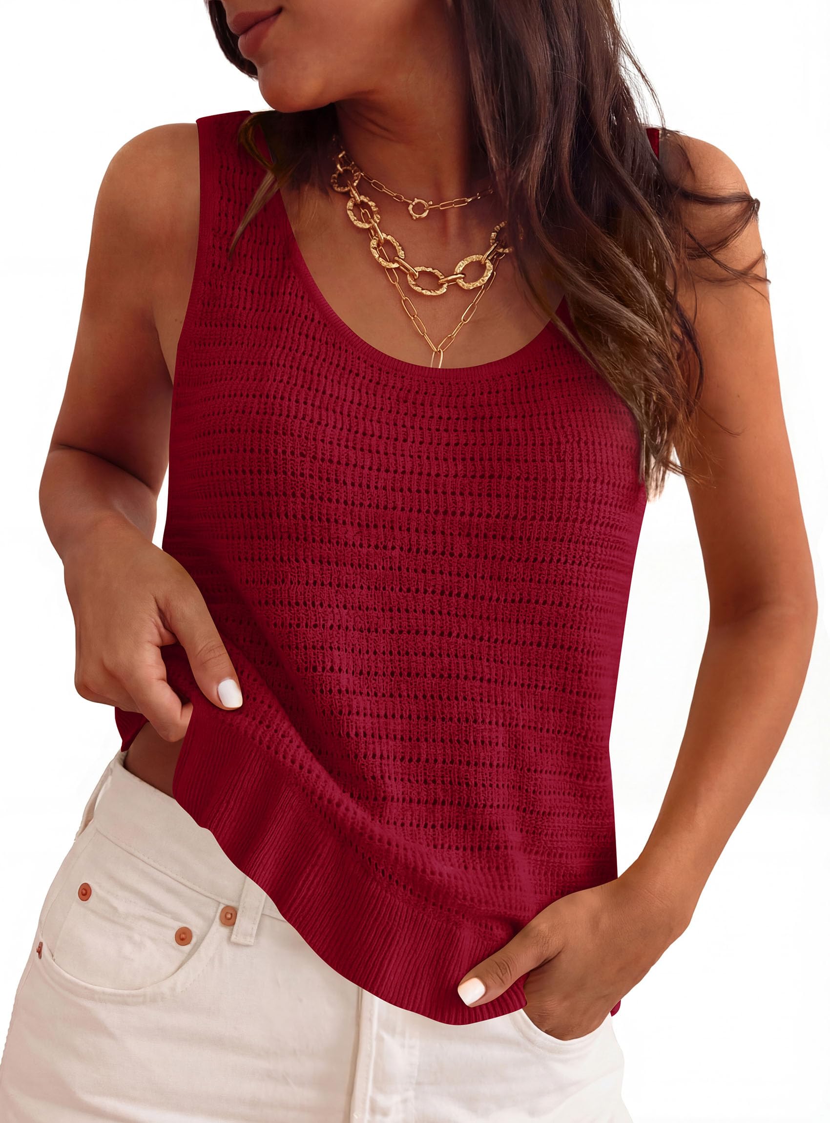 Women's Summer Crochet Knit Tank Tops,Burgundy,XL