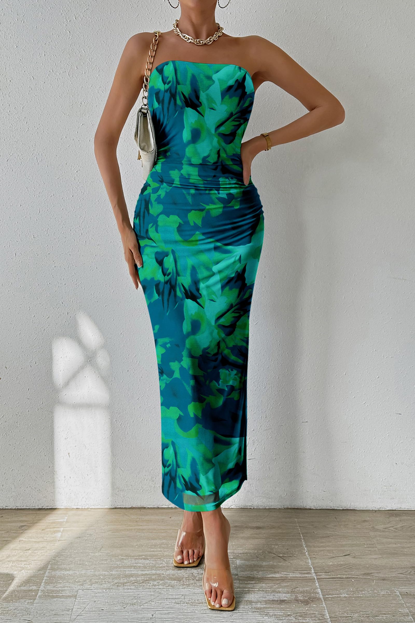 Womens Strapless Bodycon Maxi Dress, Green Big Floral,S
