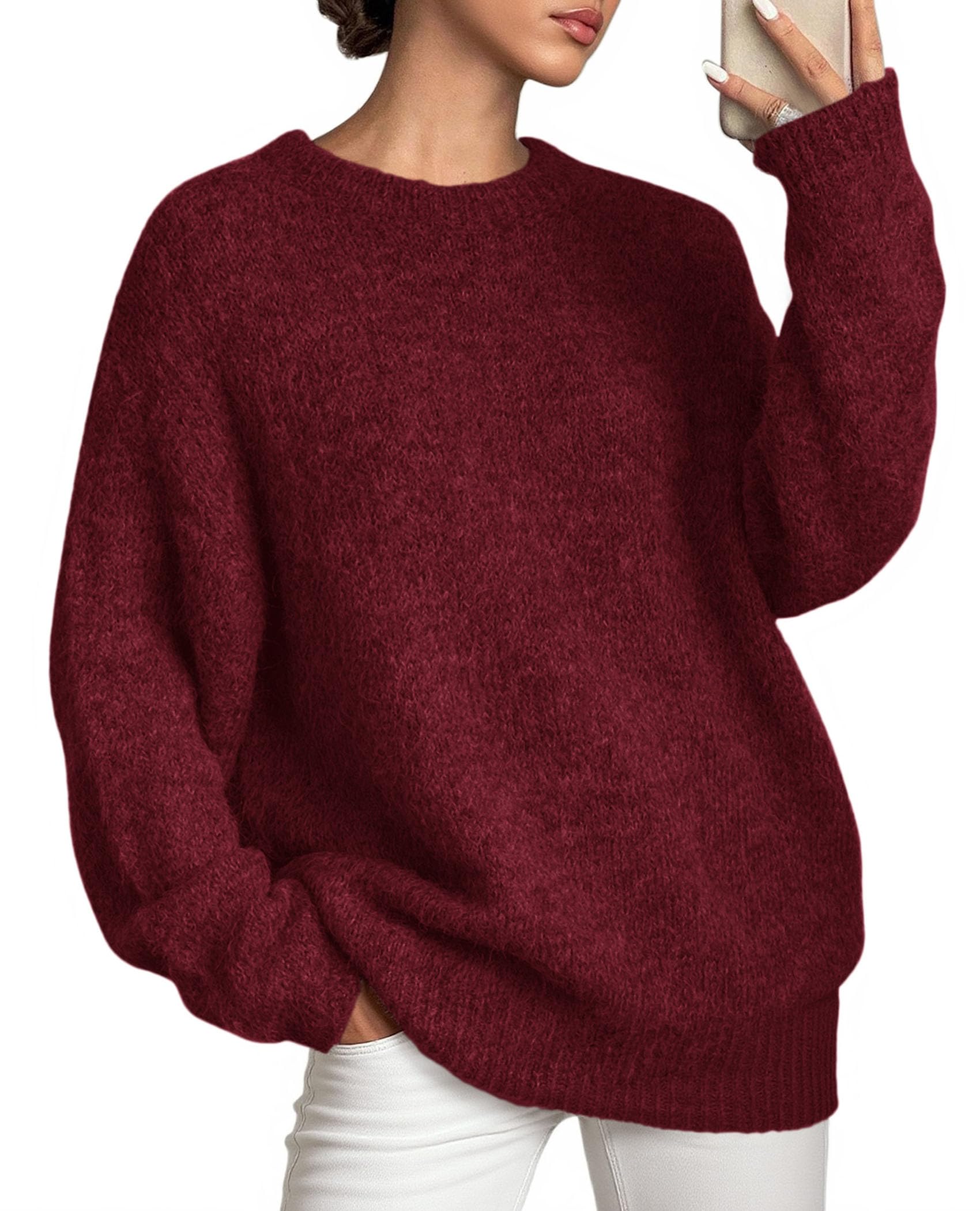 Womens Long Sleeve Oversized Pullover Sweater,Wine Red,M