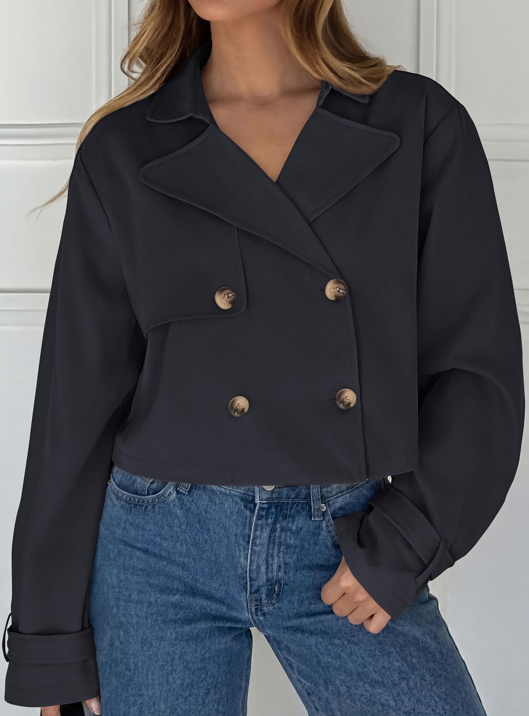 Cropped Trench Coat For Women Short Jacket,Navy Blue,S