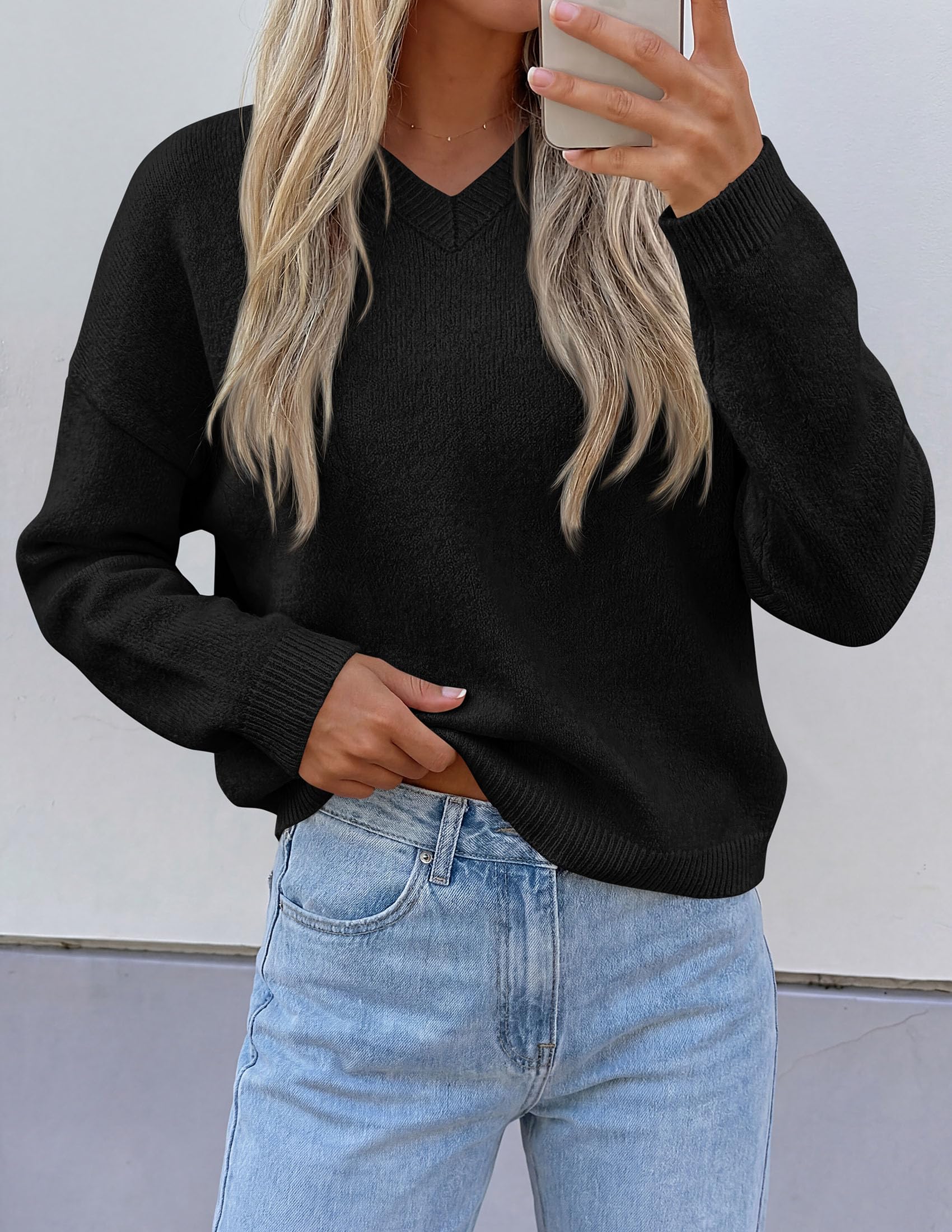 Women's Cozy Sweaters Fall Fashion V Neck Tops Black,S