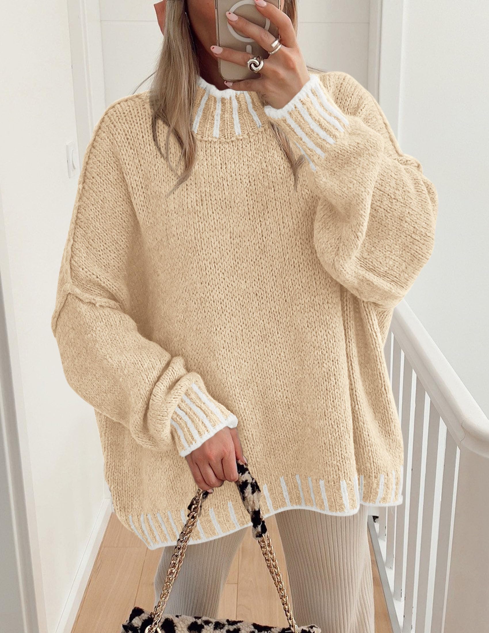 Women's Mock Neck Oversized Pullover Sweaters,Apricot,XS