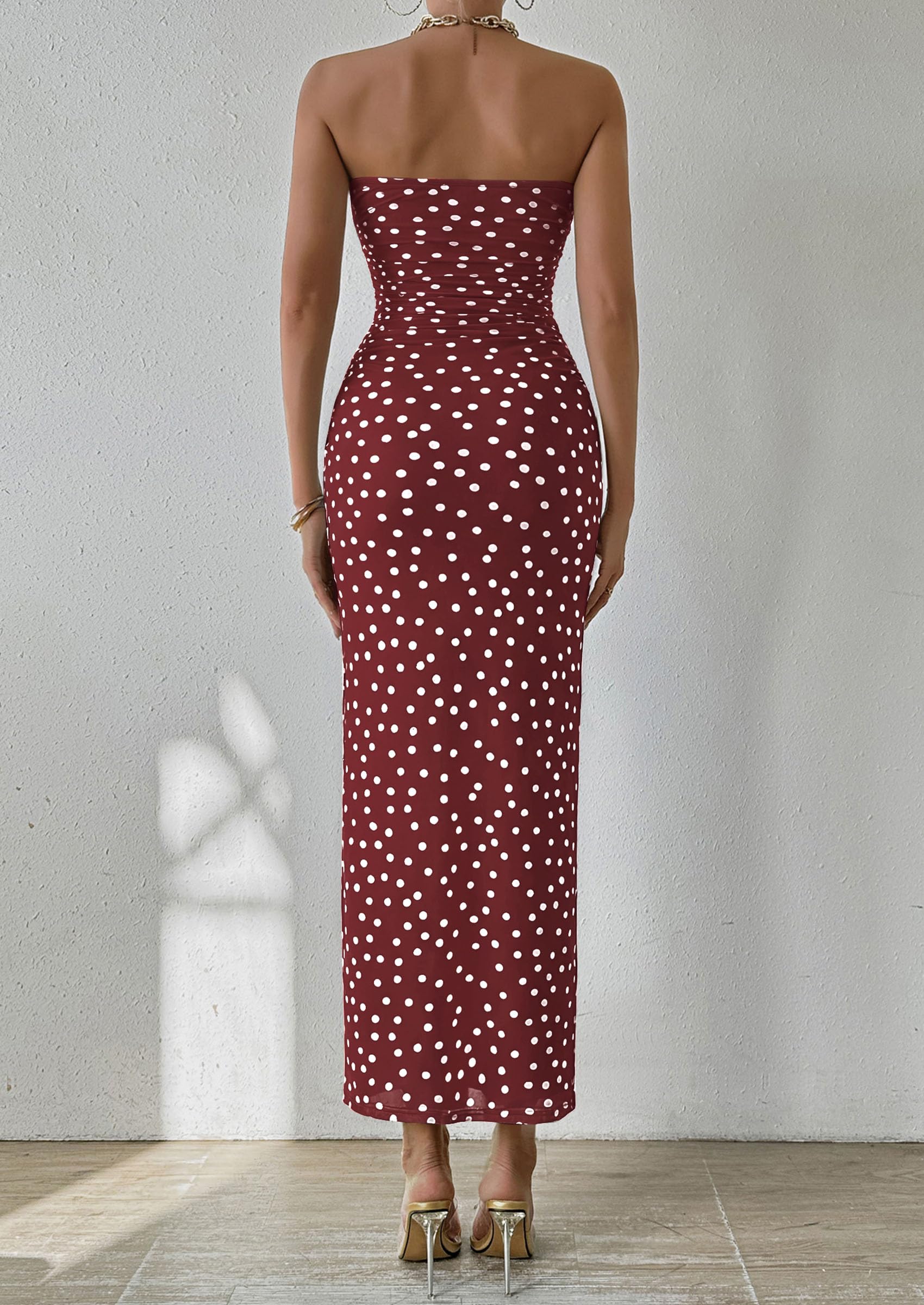 Womens Strapless Bodycon Maxi Dress, 01 Dot Burgundy White,S