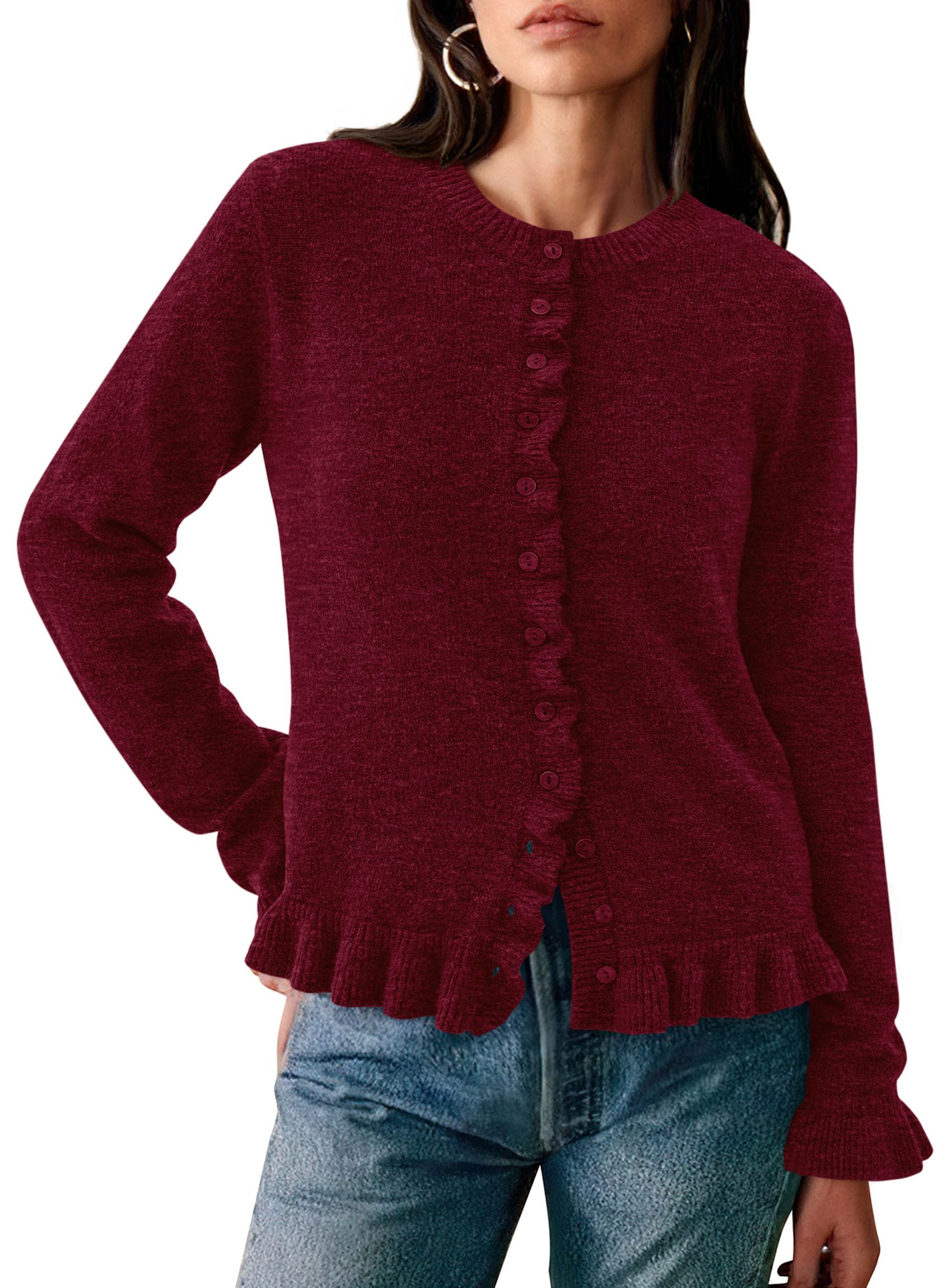 Womens Ruffle Button Down Cardigan Sweaters,Wine Red,S