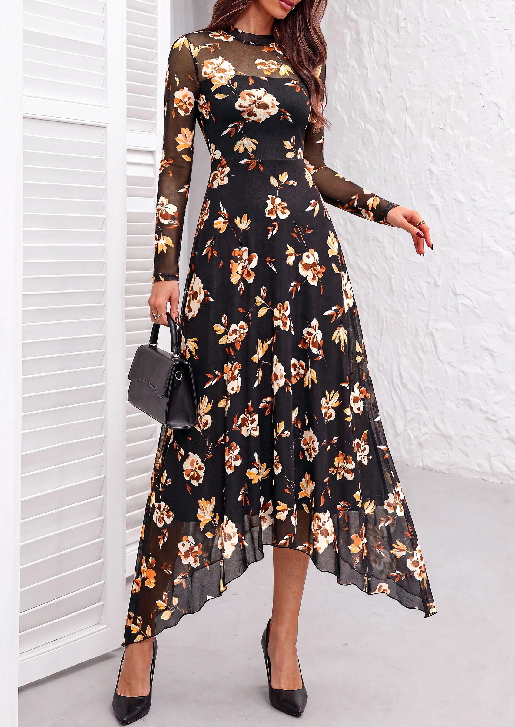 Women's Floral Mesh Midi Dress,Floral Black Yellow White,S