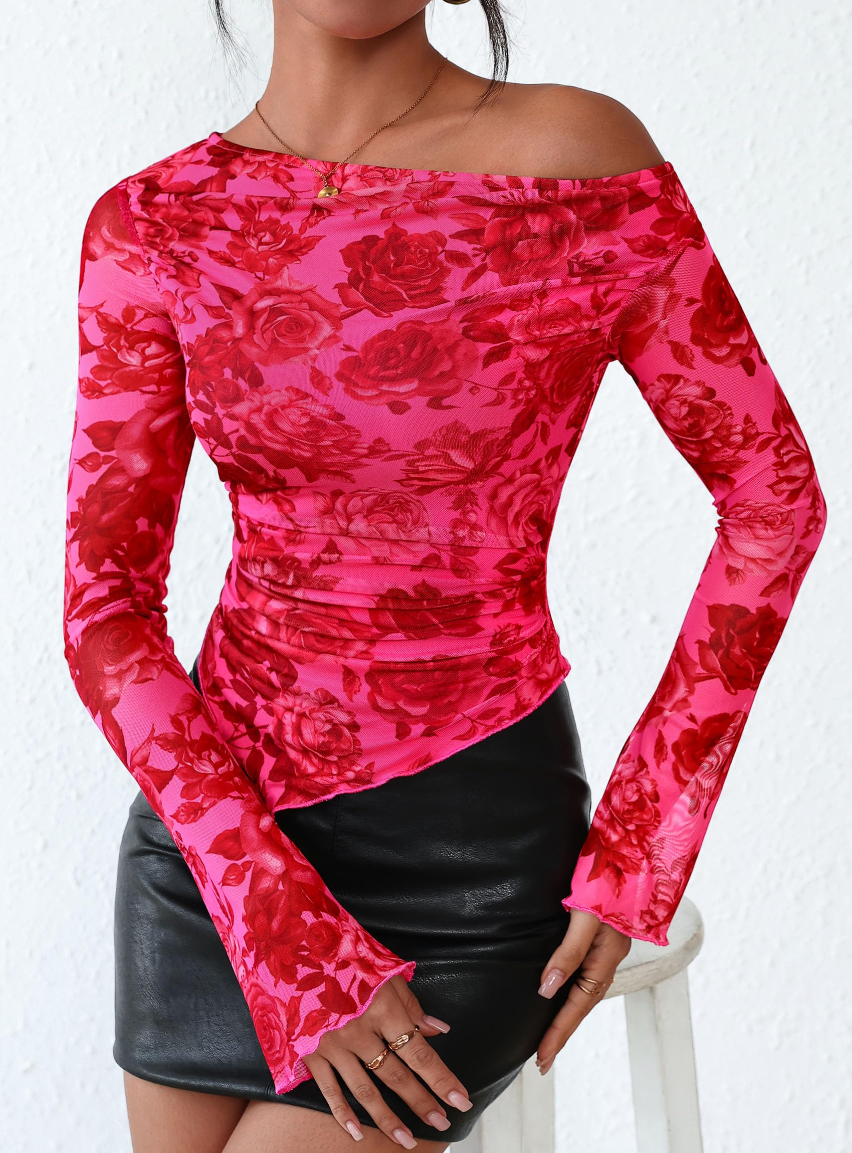 Womens Off Shoulder Mesh Y2k Tops,Rose Tan,XS